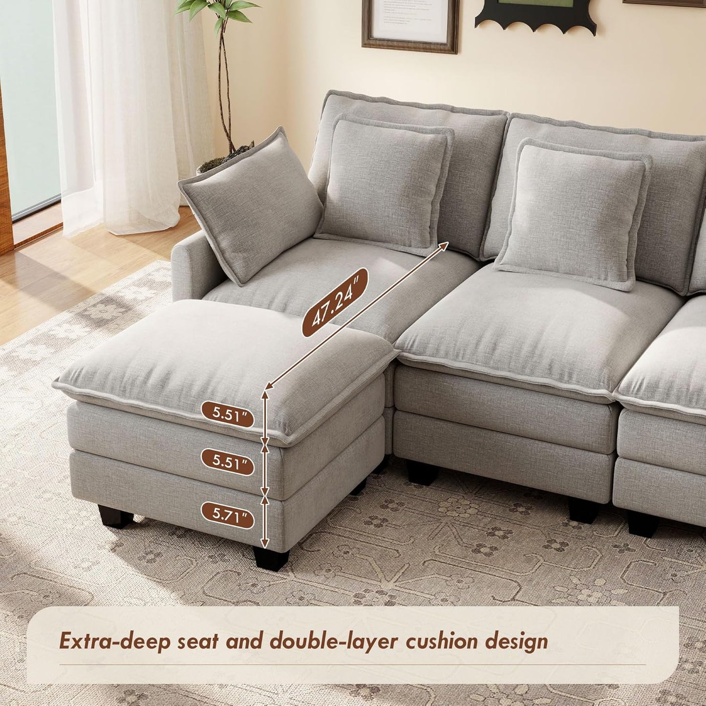 Ihanherry 106" L Shaped Modular Sectional Cloud Sofa, Modern 6 Seat Chenille Couch with Ottoman for Living Room, Bedroom and Apartment, Grey