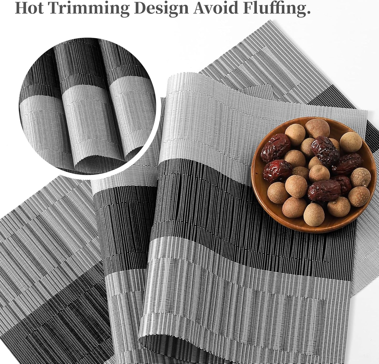 Leetaltree Grey with White Striped Placemats Set of 8 - Heat Resistant Non-Slip Place mats for Dining Table, Washable Durable PVC Vinyl Woven Table Mats（Grey Stripe, 8）