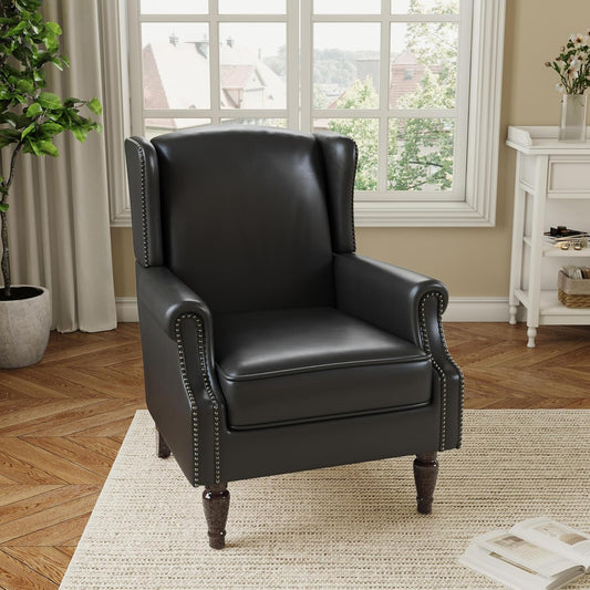 Accent Chair, Faux Leather High Back Armchair or Living Room, Comfy Upholstered Single Sofa Reading Chair with Solid Wood Legs for Office, Bedroom, Waiting Room-Black