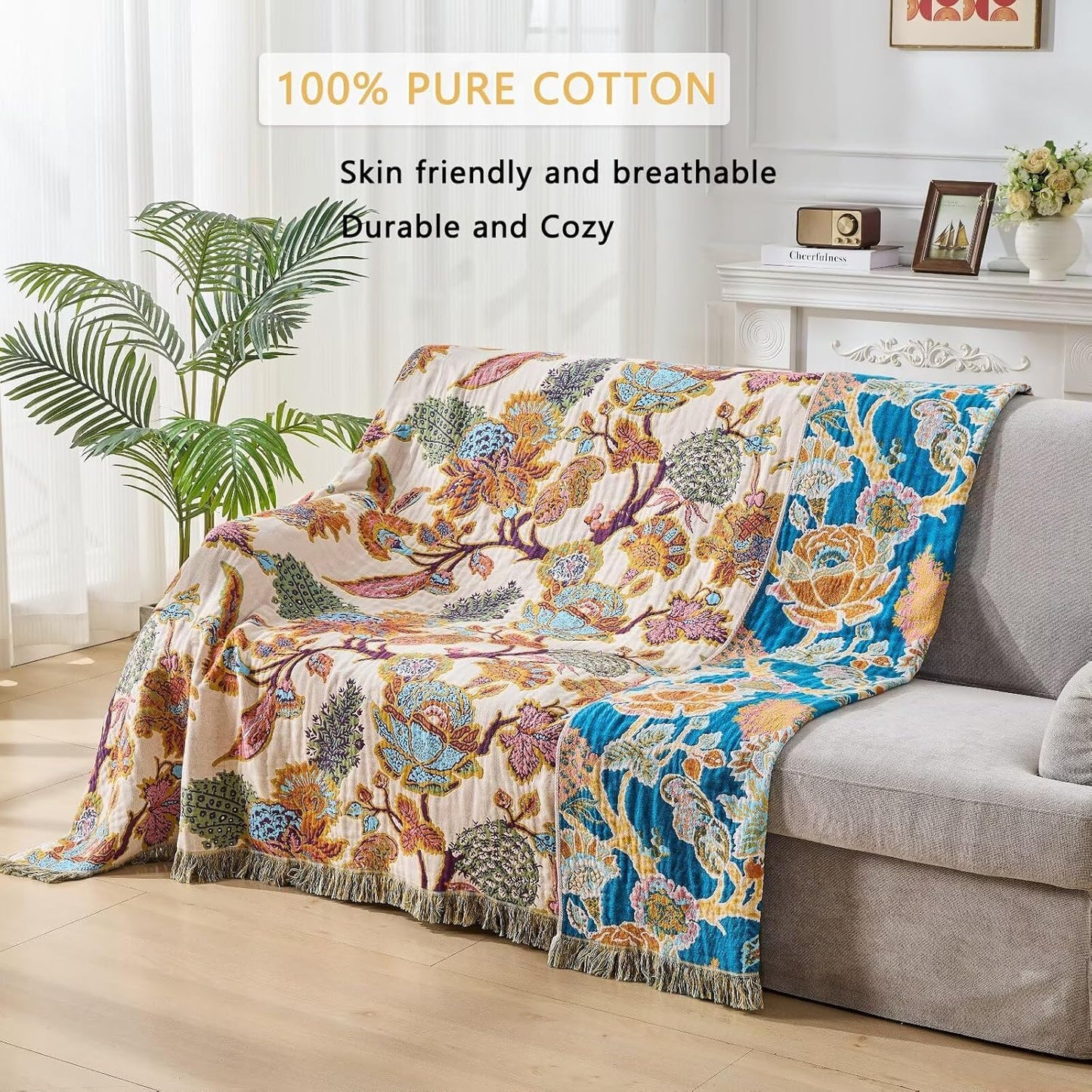 Boho Throw Blanket for Bed, Sofa,Cozy Lightweight Fall Blanket,100% Cotton Southwestern Farmhouse Floral Decor, Reversible Rustic Blanket, Chair, Picnic Throw Blanket,50"x60"