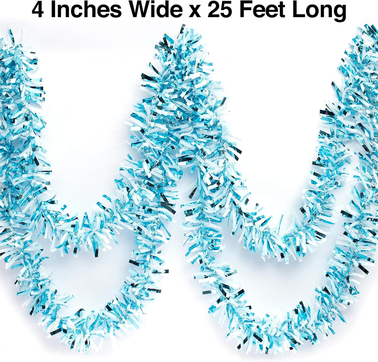 Anderson's Light Blue & White Sparkle Glitter Metallic Tinsel Twist for Trailer Or Golf Cart, 4 inches Wide x 25 ft Long, Christmas, Patriotic and Holiday Garland Decor for Parties and Parades