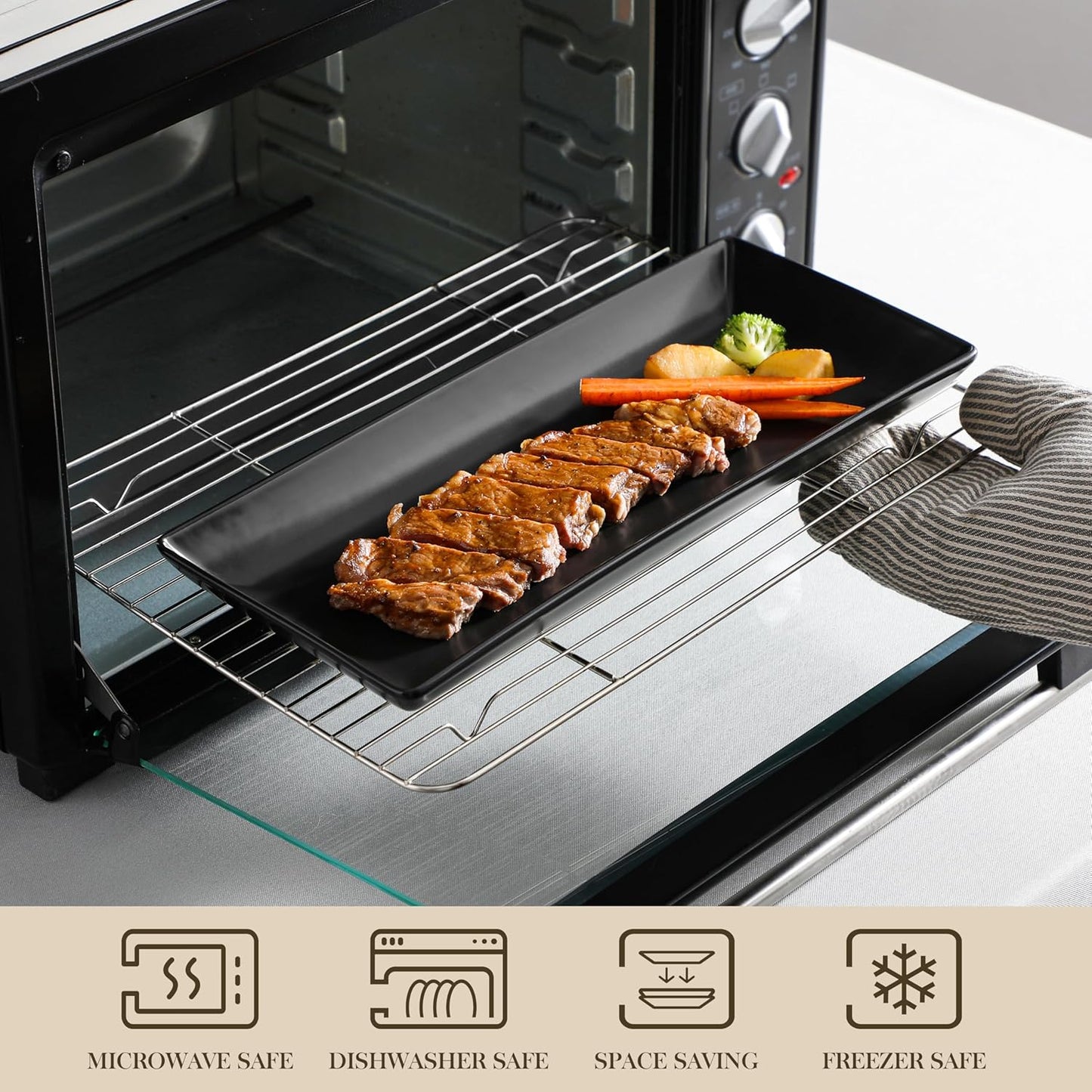 MALACASA 3 Tier Serving Trays for Party, 14 Inch Porcelain Black Trays for Serving Food, Dessert Stand with Collapsible Gold Metal Rack