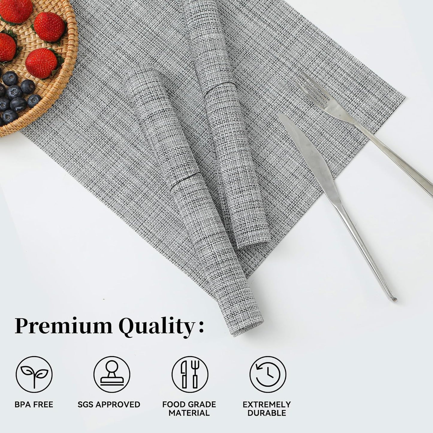 Leetaltree Linen Grey Placemats Set of 4 - Heat Resistant Non-Slip Place mats for Dining Table, Washable Durable PVC Vinyl Woven Table Mats（Linen Grey, 4）