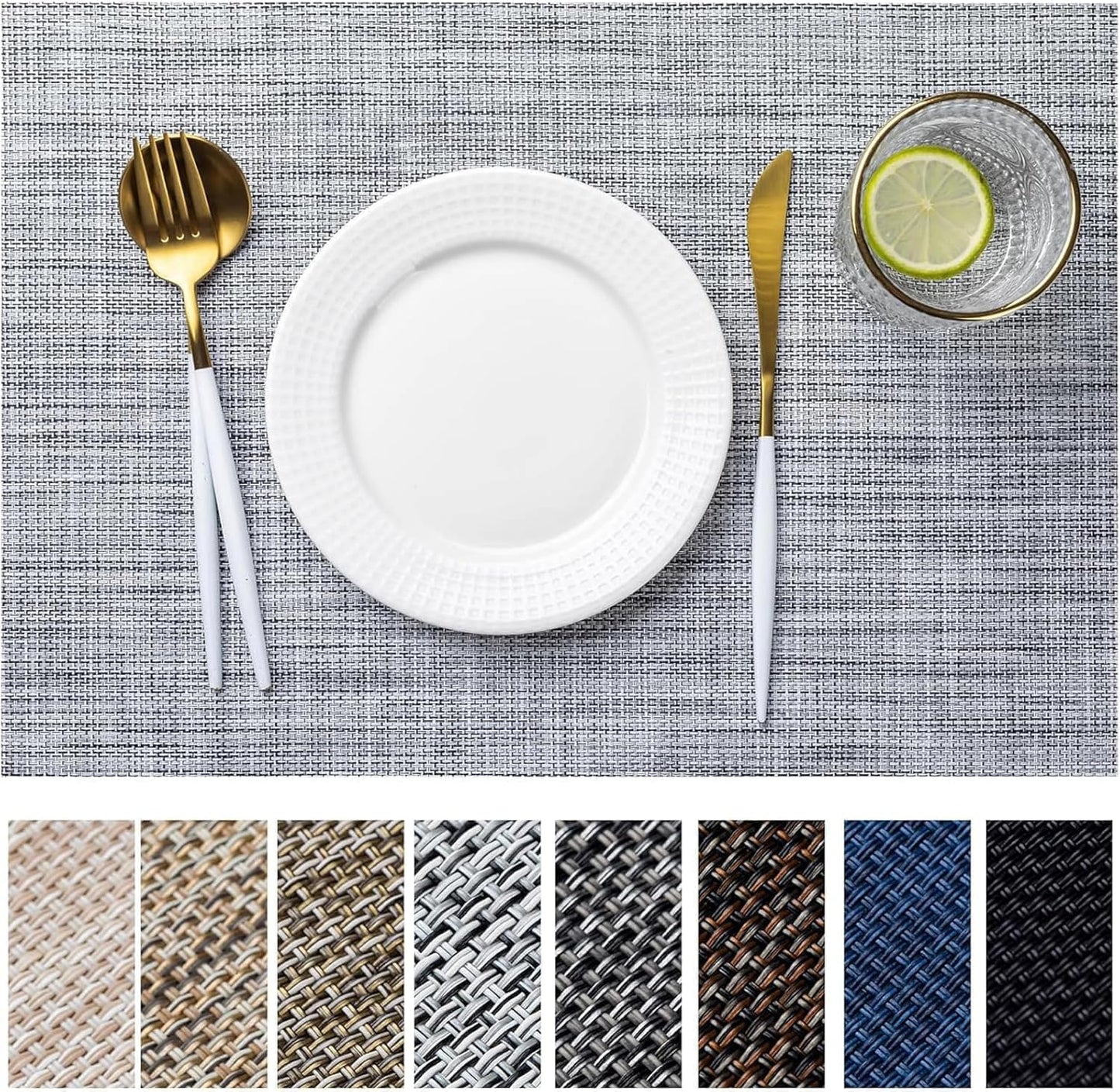 LEXMORE Placemats Set of 12 Vinyl/Plastic Woven Place Mats for Kitchen Table Indoor/Outdoor Washable Placemat Wipeable Dining Table Mats(A-Gray)