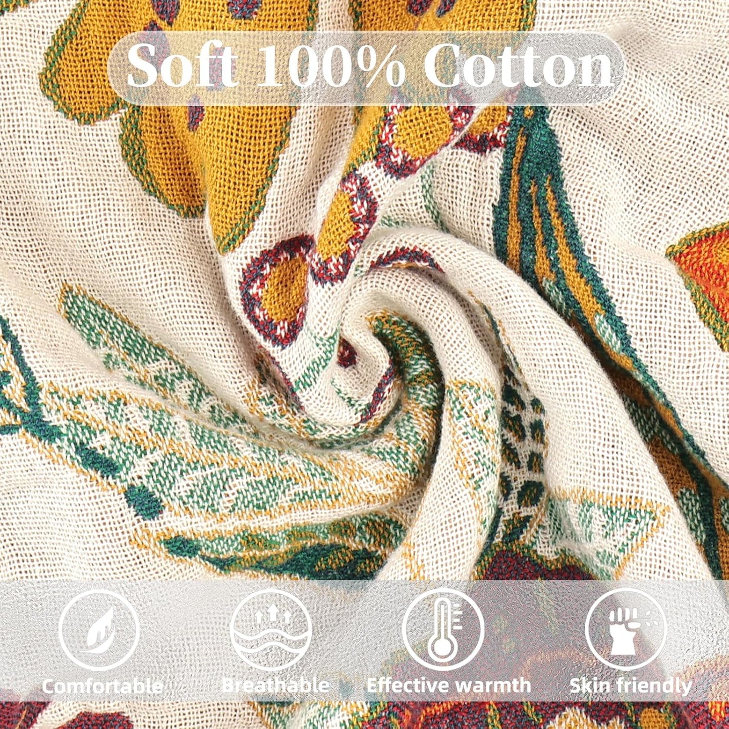Boho Throw Blanket for Bed - 100% Pure Cotton Ultra Soft Rustic Quilt - Farmhouse Decor Bed Blankets, All Season Rustic Throw for Sofa Couch Chair(60"×80", Floral Blossom)