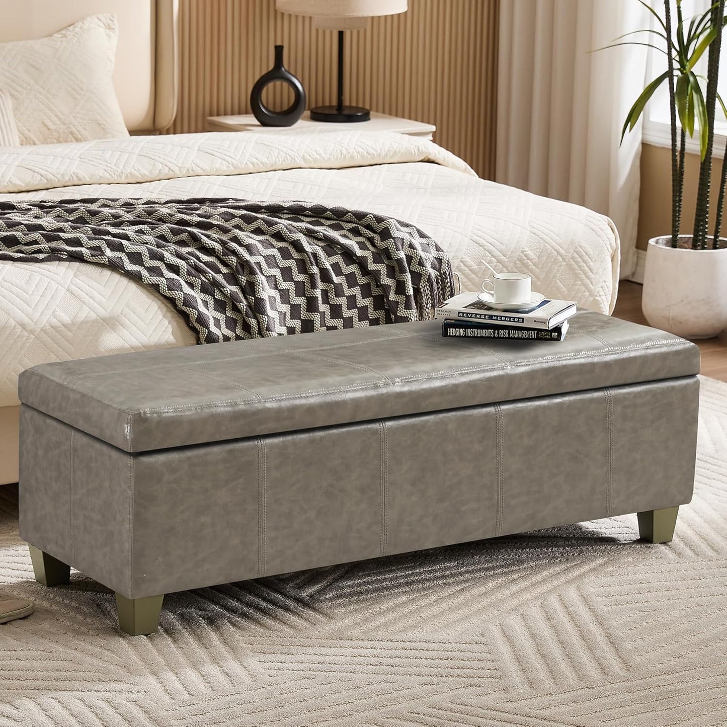 51" Faux Leather Storage Ottoman, Stitch Tufted Rectangle Upholstered End of Bed Storage Bench, Entryway Large Couch Ottoman with Wooden Legs,Grey