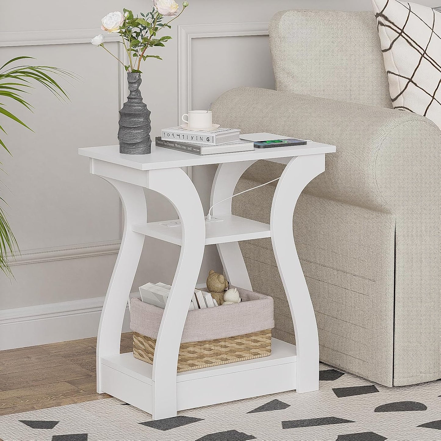 End Tables Living Room, White End Table with Charging Station,White Side Table, Nightstand for Bedroom, 3 Tier End Table with Storage Shelf for Living Room