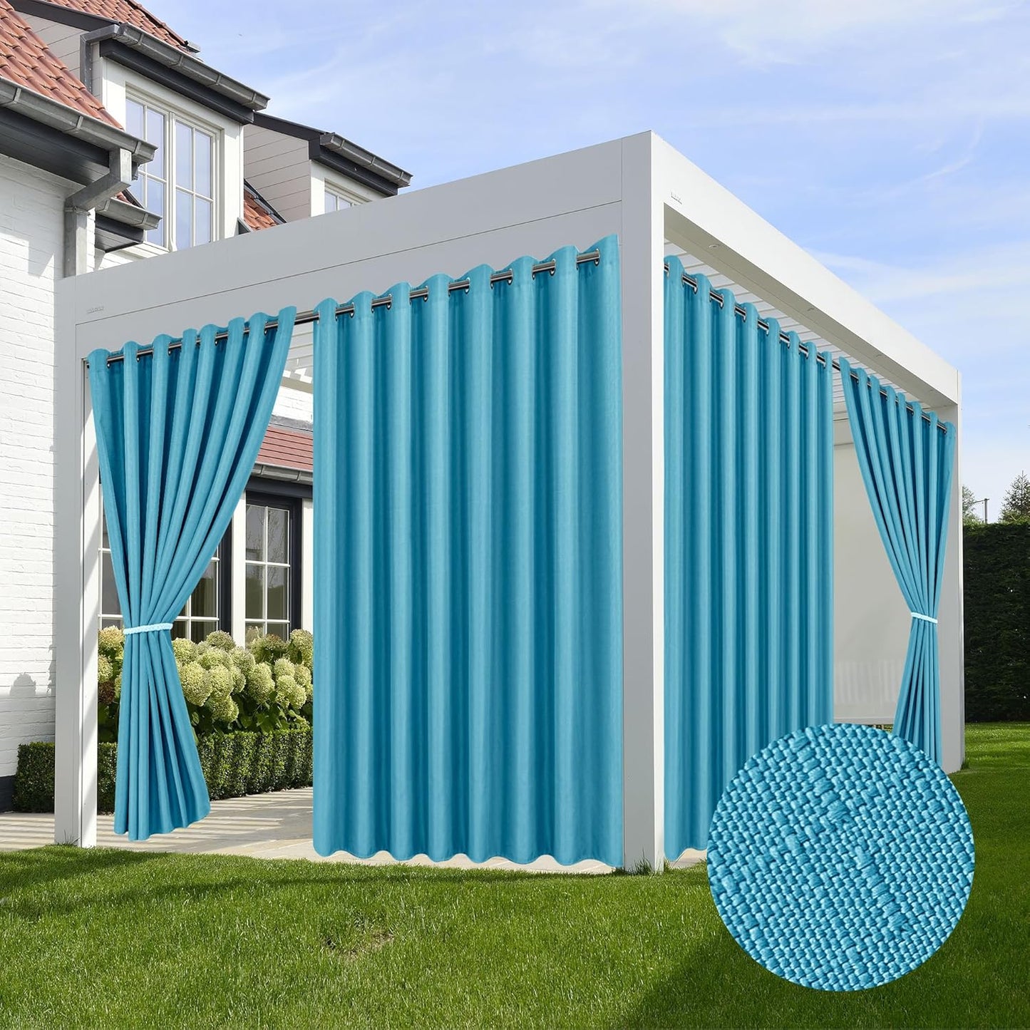 HolidayIdeas 4 Panels Faux Linen Outdoor Curtains for Patio Waterproof Teal Curtains 110" Wide x 84" Long-Outside Wide Curtains Weatherproof Privacy Textured for Pergola, Porch, Gazebo, Backyard