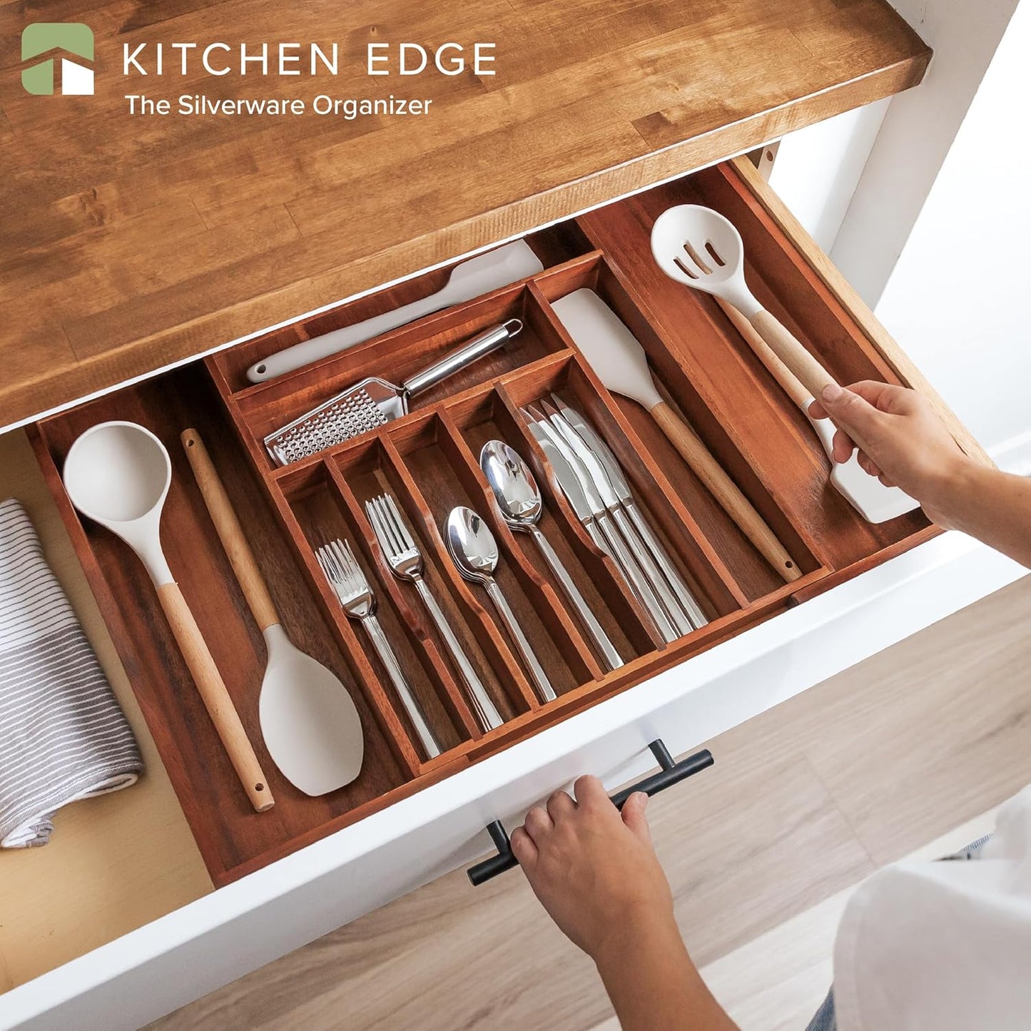Premium Silverware, Flatware and Utensil Organizer for Kitchen Drawers, Expandable 14.5 to 25 Inches Wide, 10 Compartments, Food-Safe Premium Acacia Wood Finish Kitchen Storage Tray