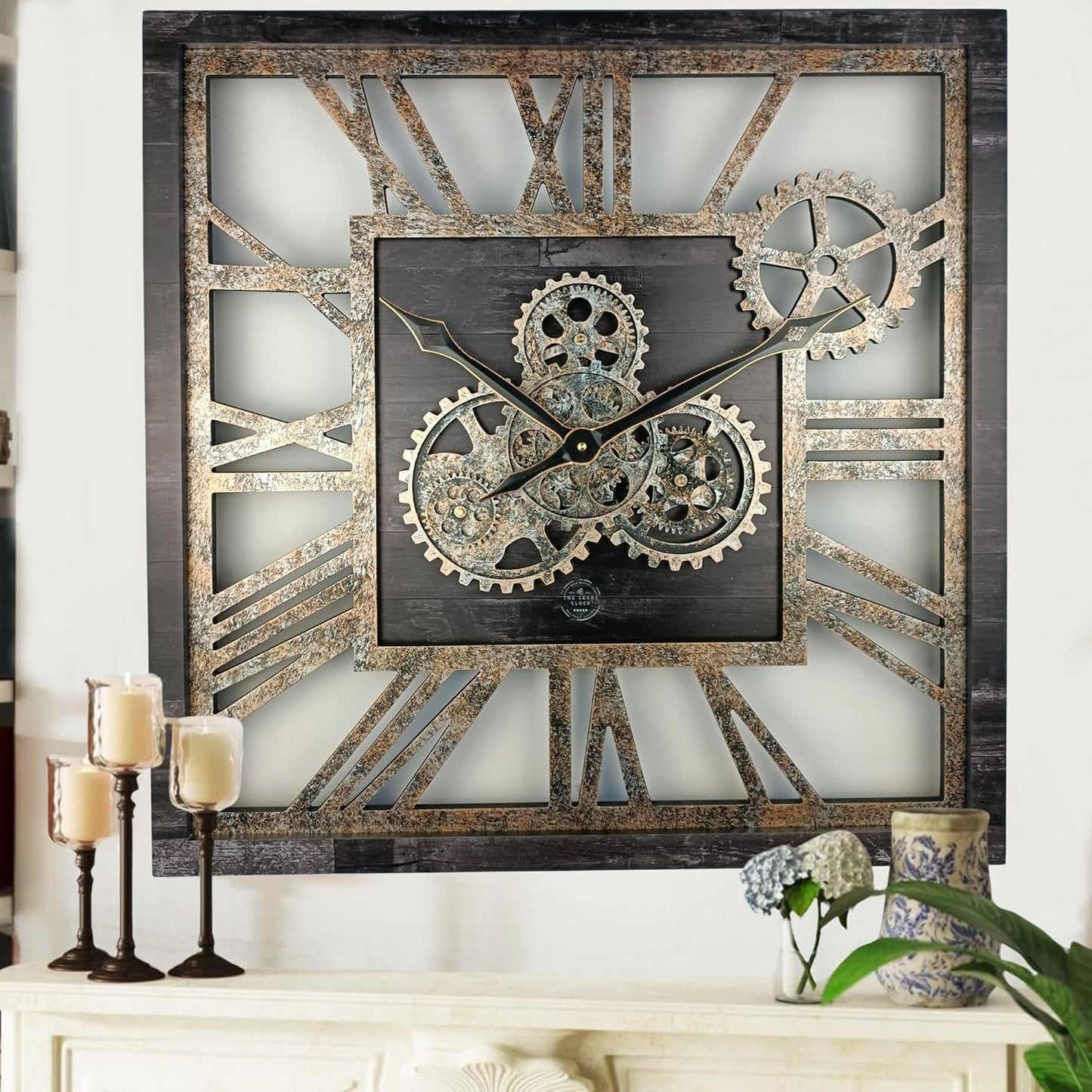 The Gears Clock 24'' Inch Square Real Moving Gear Wall Clock Vintage Industrial Oversized Rustic Farmhouse (Vintage Black)