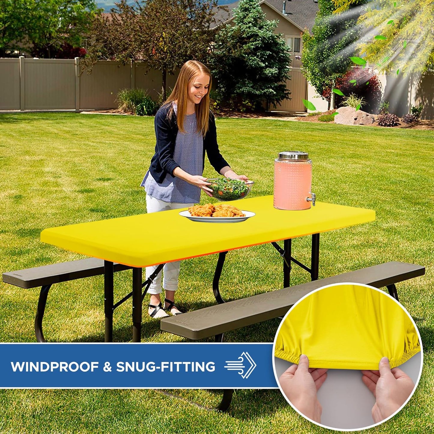 Fitted Tablecloth for 8 Foot Rectangle Tables-6 Pack Yellow Elastic Outdoor Picnic Table Cover-Spandex Stretch Folding Table Cloths 8ft for Camping Dining Room Patio Kitchen Banquet Party