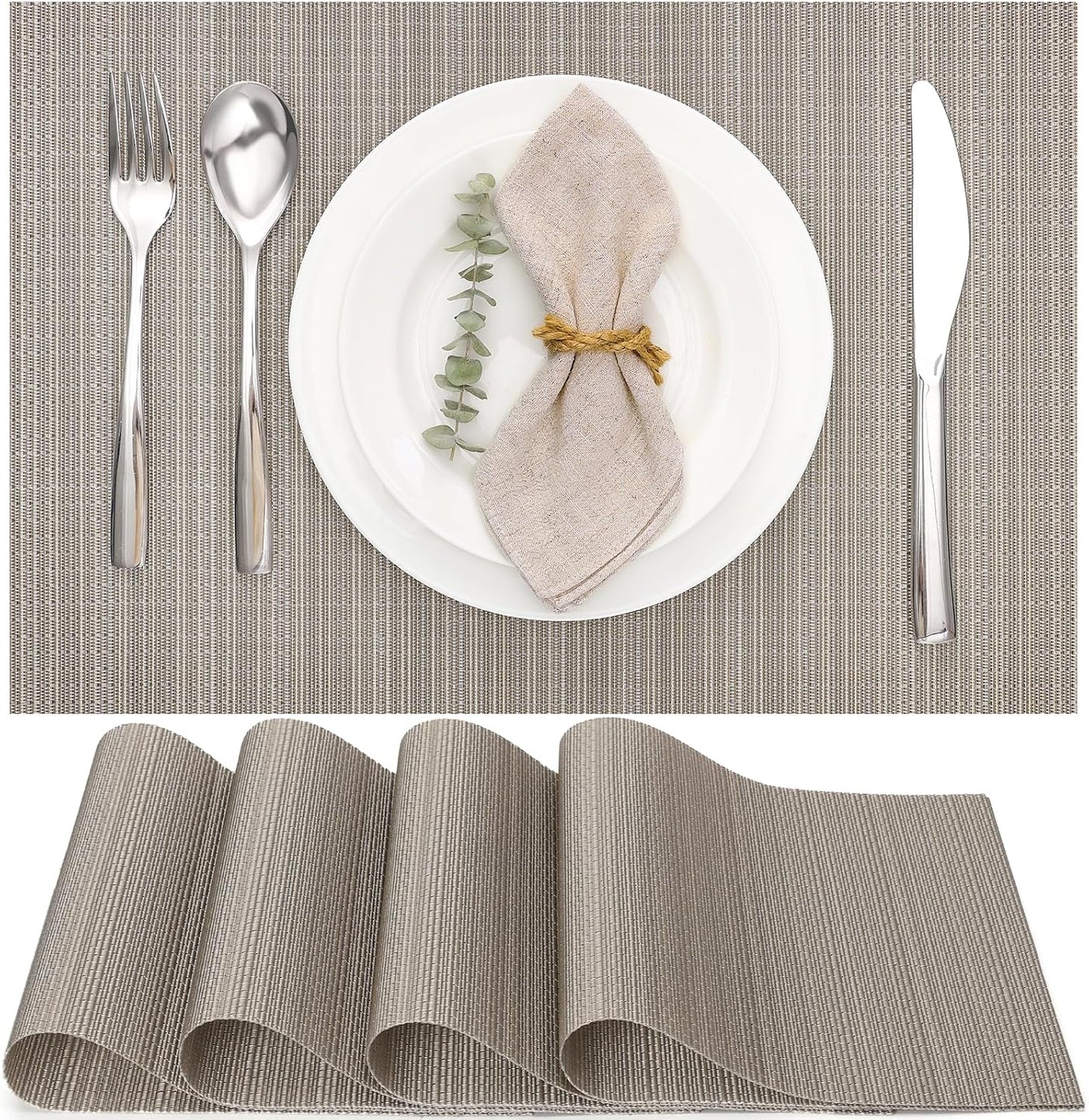 Myir JUN Placemats Set of 4, Vinyl Woven Placemats Place Mats Indoor Set of 4 Washable Table Mats Non-Slip Place mats for Dining Table (Golden Silver, Set of 4)