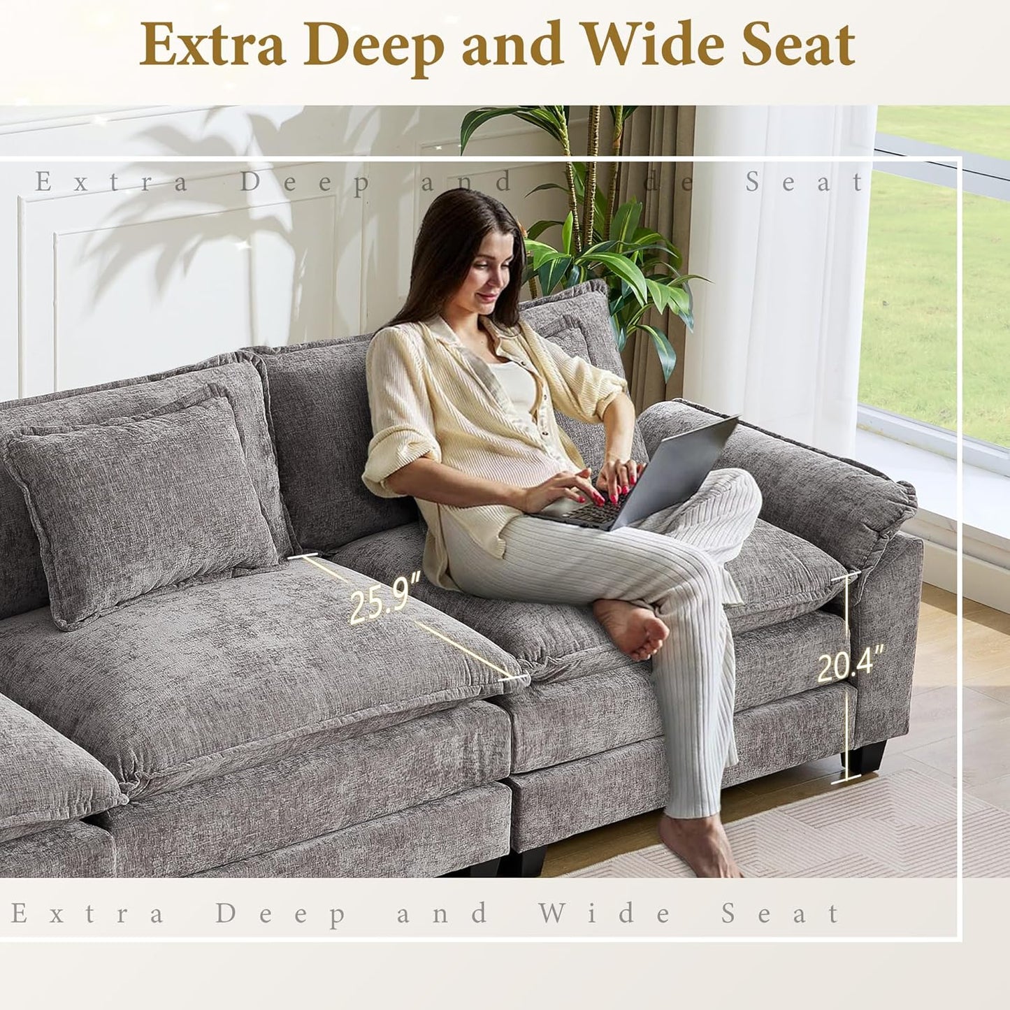 URRED Modular Sectional Sofa Comfy Cloud Couch, Modern Chenille Sofa Sleeper Deep Seat Couches with Ottoman/Pillows for Living Room (Gray, 82.6'')