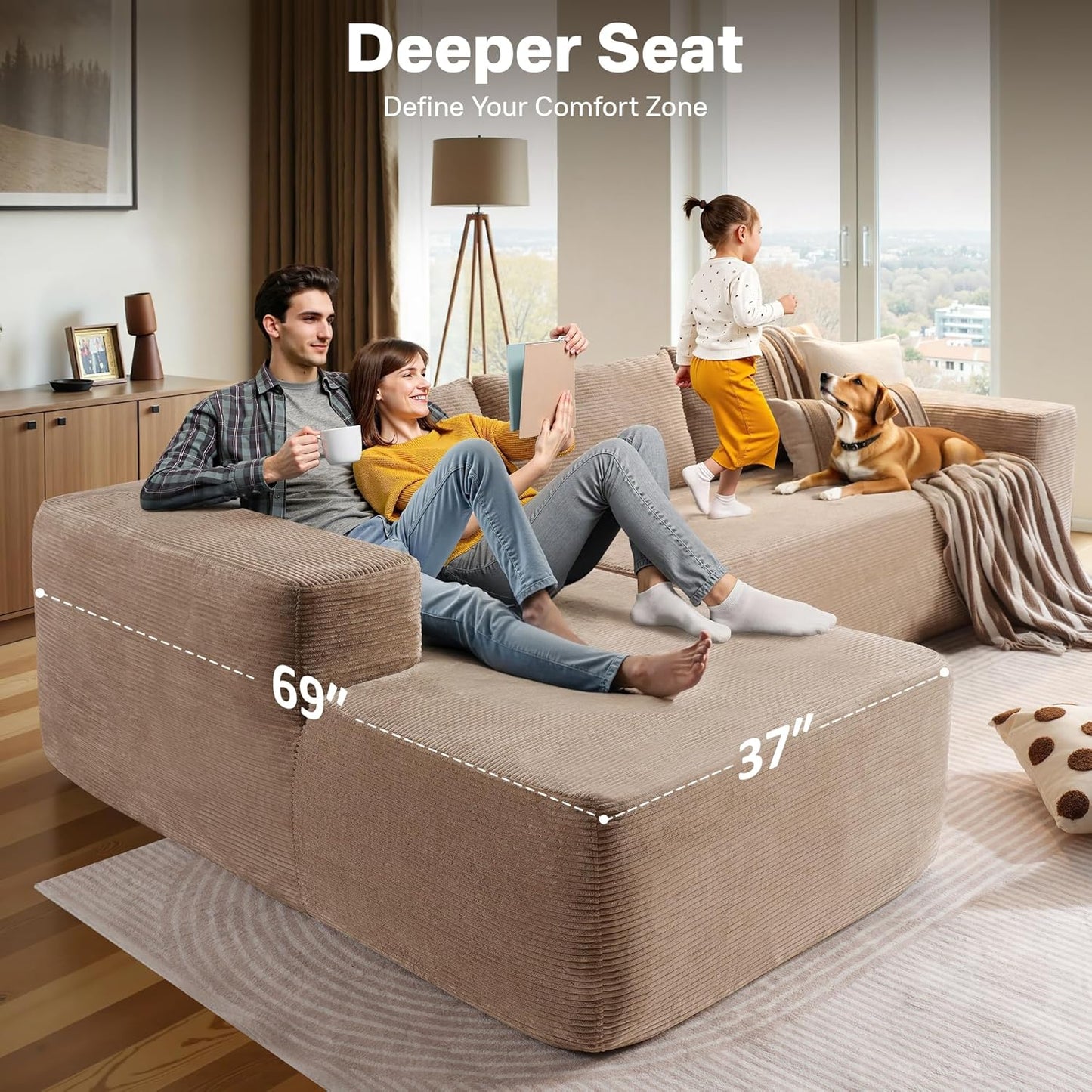 104" Cloud Sectional Couches for Living Room,L Shaped Boneless Couch in A Box,Sleeper Sofa with Comfy Chaise No Assembly Required,Camel