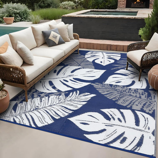 GAOMON Waterproof Plastic Straw Rug 9x12 Outdoor Patio Rugs, Reversible Modern Camping Mat with Bag & Stakes, UV Resistant & Easy to Clean Outdoor Carpet for RV, Deck, Balcony, Blue