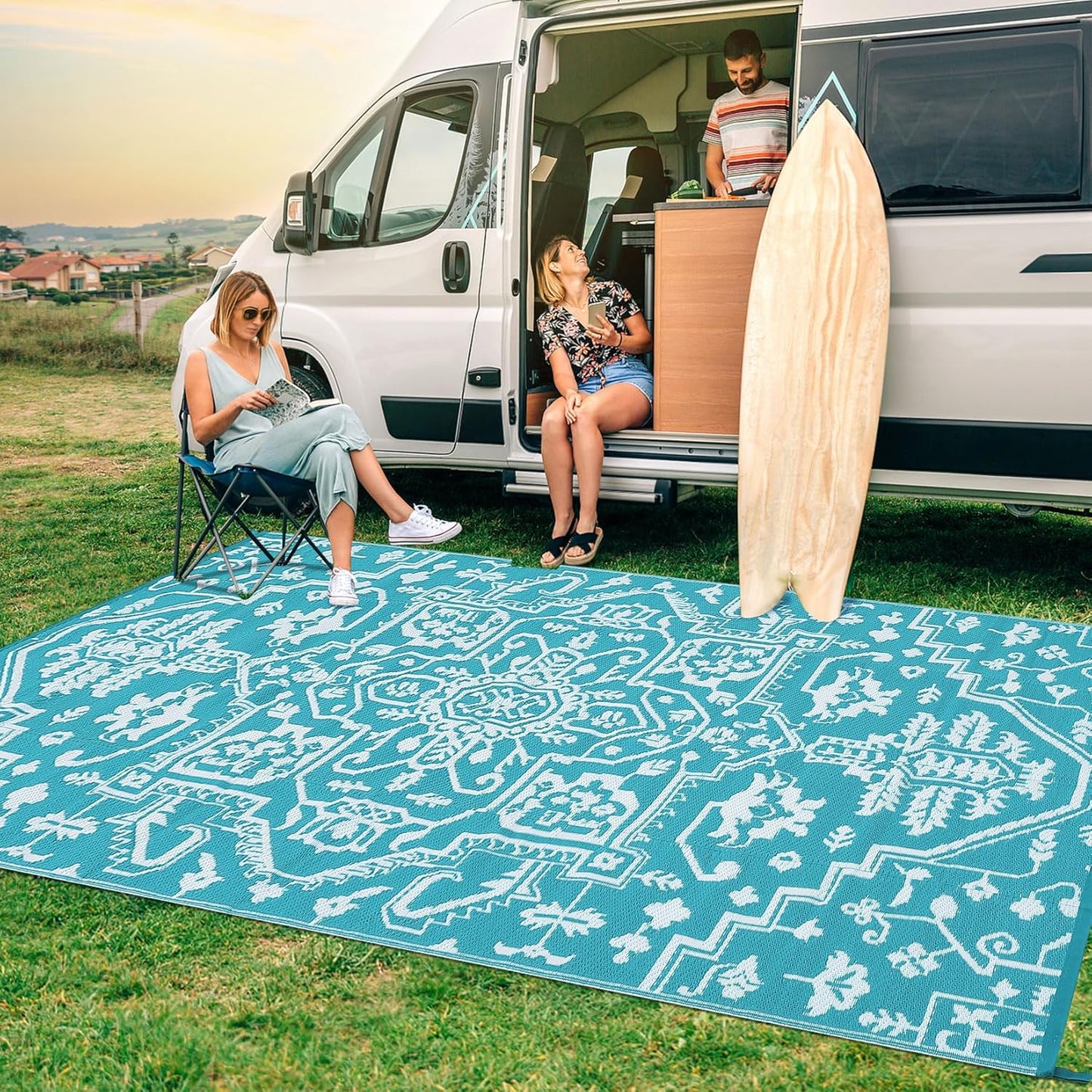 Waterproof Outdoor Rug 9x18 Reversible Plastic Straw Patio Rug, Stain-Resistant Vintage Medallion Carpet, Large Indoor Outdoor RV Mat for Deck, Camping, Balcony, Light Blue/White