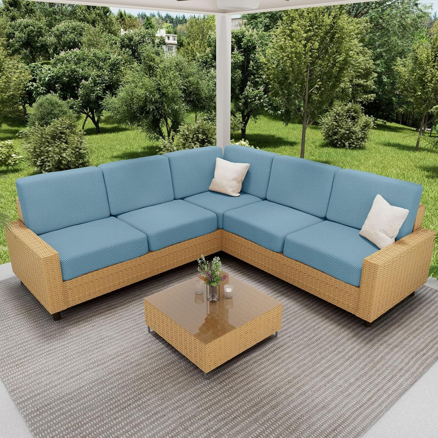 hyha Waterproof Sectional Couch Covers, Non Slip Sofa Couch Cushion Covers L Shape, Thick Stretch Jacquard Fabric, Washable Sofa Slipcovers with Elastic Bottom (1 Piece for Chaise, Lake Blue)