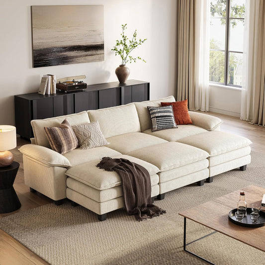 LINSY HOME Modular Sectional Sofa - 123'' Oversized Sleeper Sofa Cloud Couch Corduroy Sofa Bed with Movable Ottoman Soft Modern Comfy Couch for Living Room Apartment Office, Beige