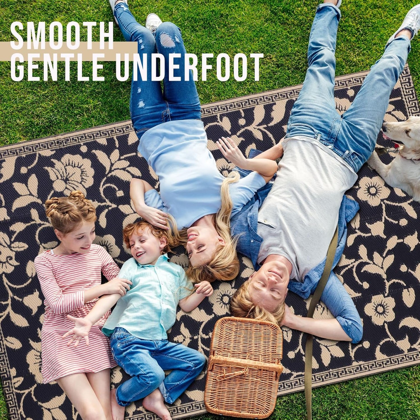 OLANLY Waterproof Outdoor Rug 5x8 ft, Outdoor Plastic Straw Rug with Flower Pattern, Reversible RV Mat for Patio, Camping, Balcony, Deck, Backyard, Black & Beige