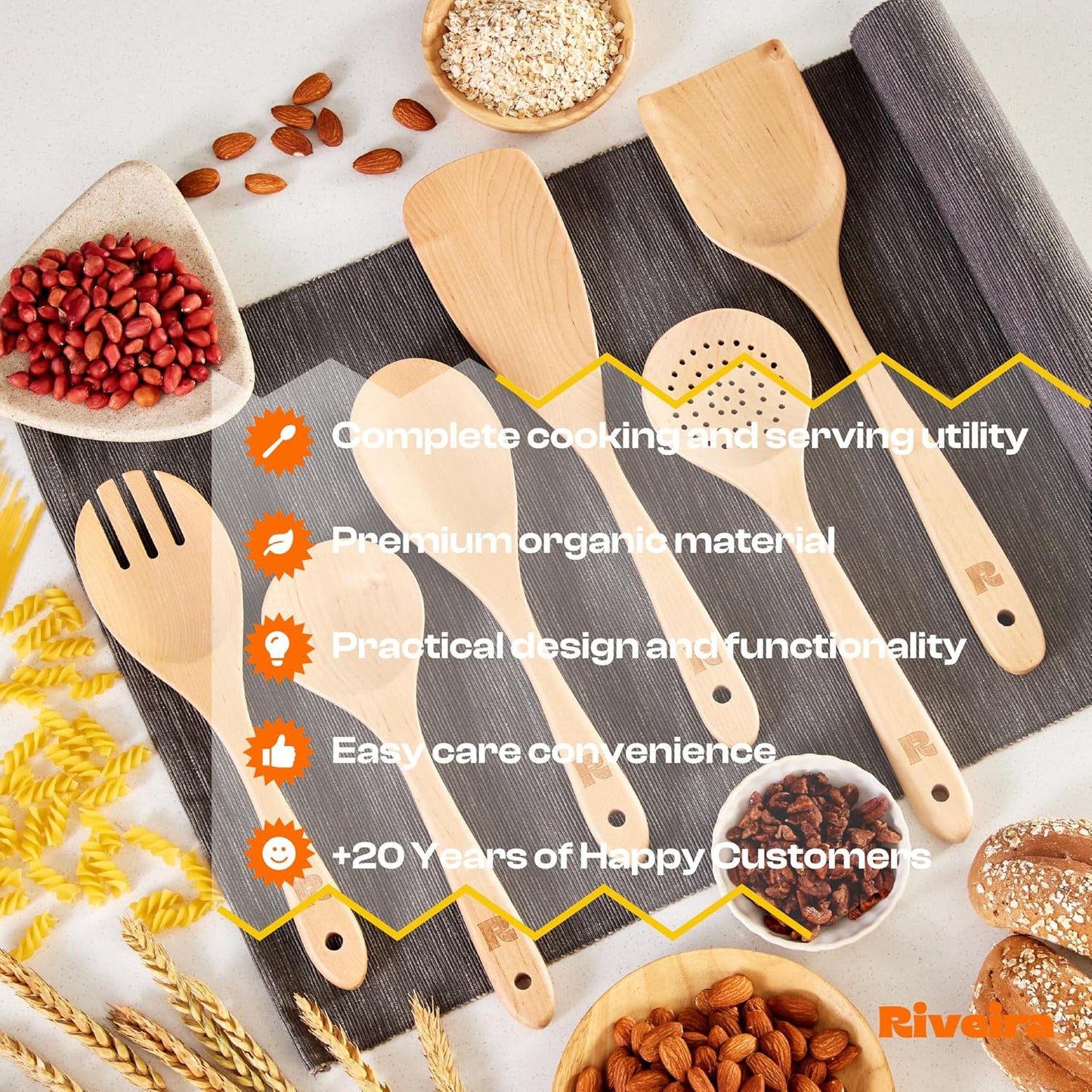 Riveira Maple Wooden Spoons for Cooking Set of 6 – Natural Maple Wooden Cooking Utensils, Wooden Spatula, Wooden Spoon - Premium Quality Wooden Utensil Set for Non-Toxic Cooking