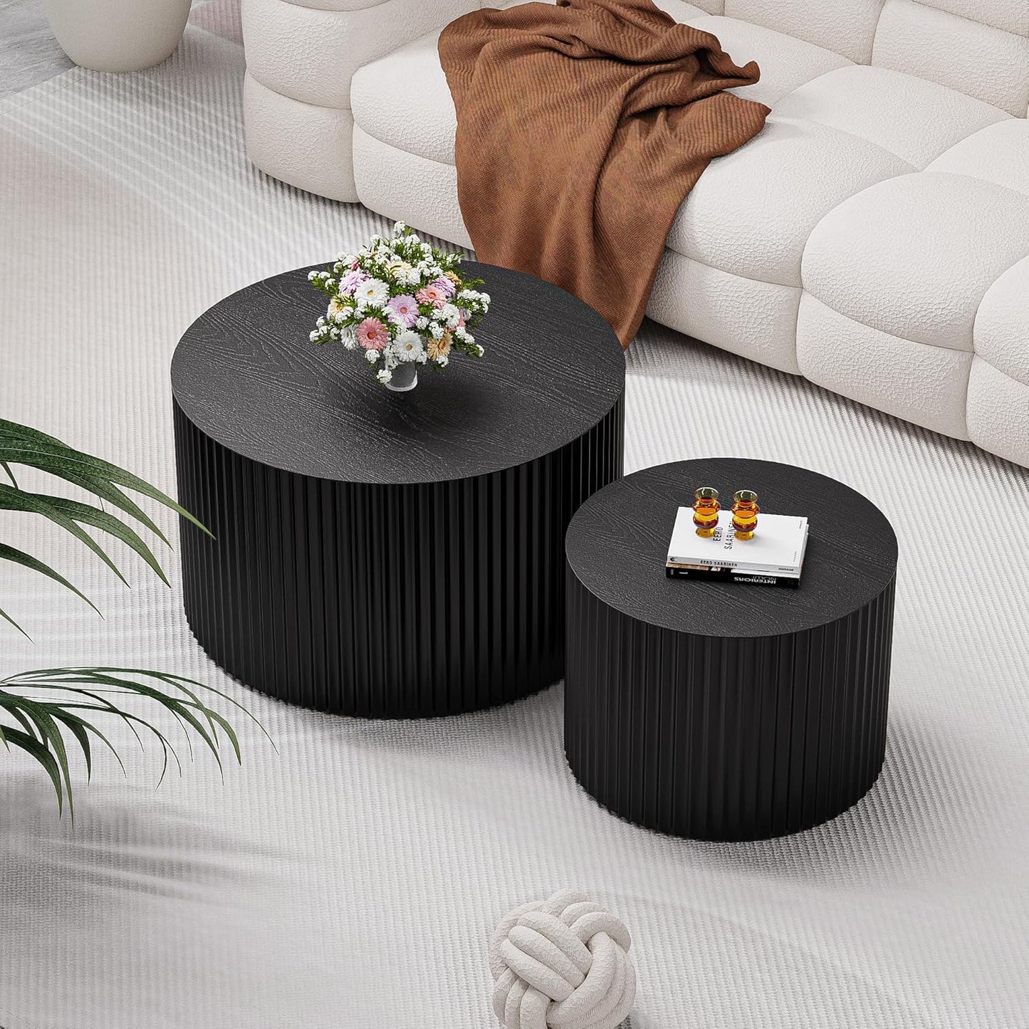Round Coffee Table Set of 2, Nesting Coffee Table and End Table Set Small Circle Drum Side Table for Living Room Office, No Assembly (A Black Large)