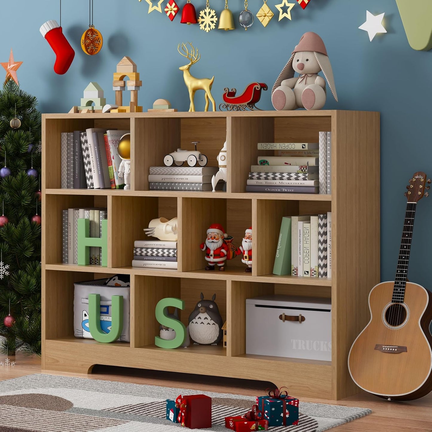 Book Shelf, 10 Cubes Storage Organizer, 3-Tier Open Shelf Wooden Bookcase, Freestanding Wooden Bookshelf Cube Shelf for Bedroom, Living Room