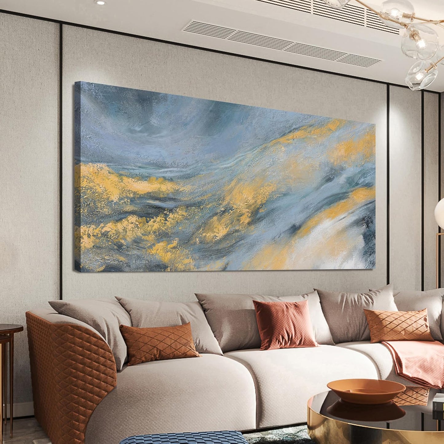 Abstract Wall Art Decor Large Modern Blue Wall Art Prints Abstract Canvas Art Wall Decor Large Canvas Wall Art for Living Room Gold Wall Art Decorations Artwork for Walls Bedroom Office Decor 29"X58"