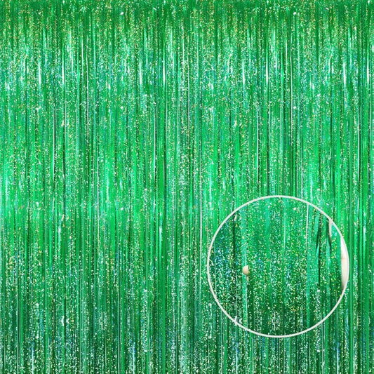 GOER 3.2 ft x 8.2 ft Metallic Tinsel Foil Fringe Curtains Party Photo Backdrop Party Streamers for Birthday,Graduation,New Year Eve Decorations Wedding Decor(3 Packs,Shiny Green)