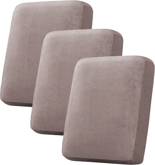H.VERSAILTEX Velvet Stretch Couch Cushion Cover Plush Cushion Slipcover for Chair Loveseat Sofa Cushion Furniture Protector Seat Cushion Sofa Cover (3 Piece Sofa Cushion Covers, Taupe Striped)