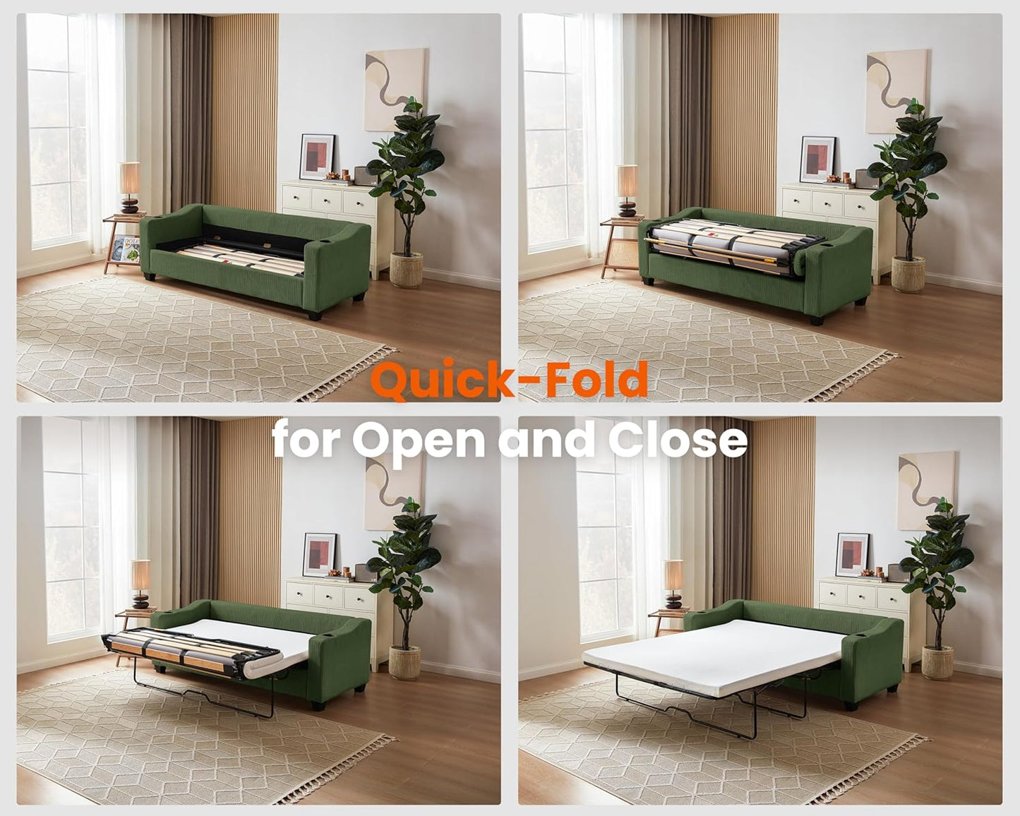 Pull Out Sofa Bed, Full Size Sleeper Sofa, 2-in-1 Convertible Corduroy Couch with USB Charging, Memory Form Couch for Living Room, Apartment and Small Space (Green, Corduroy - Queen Size)