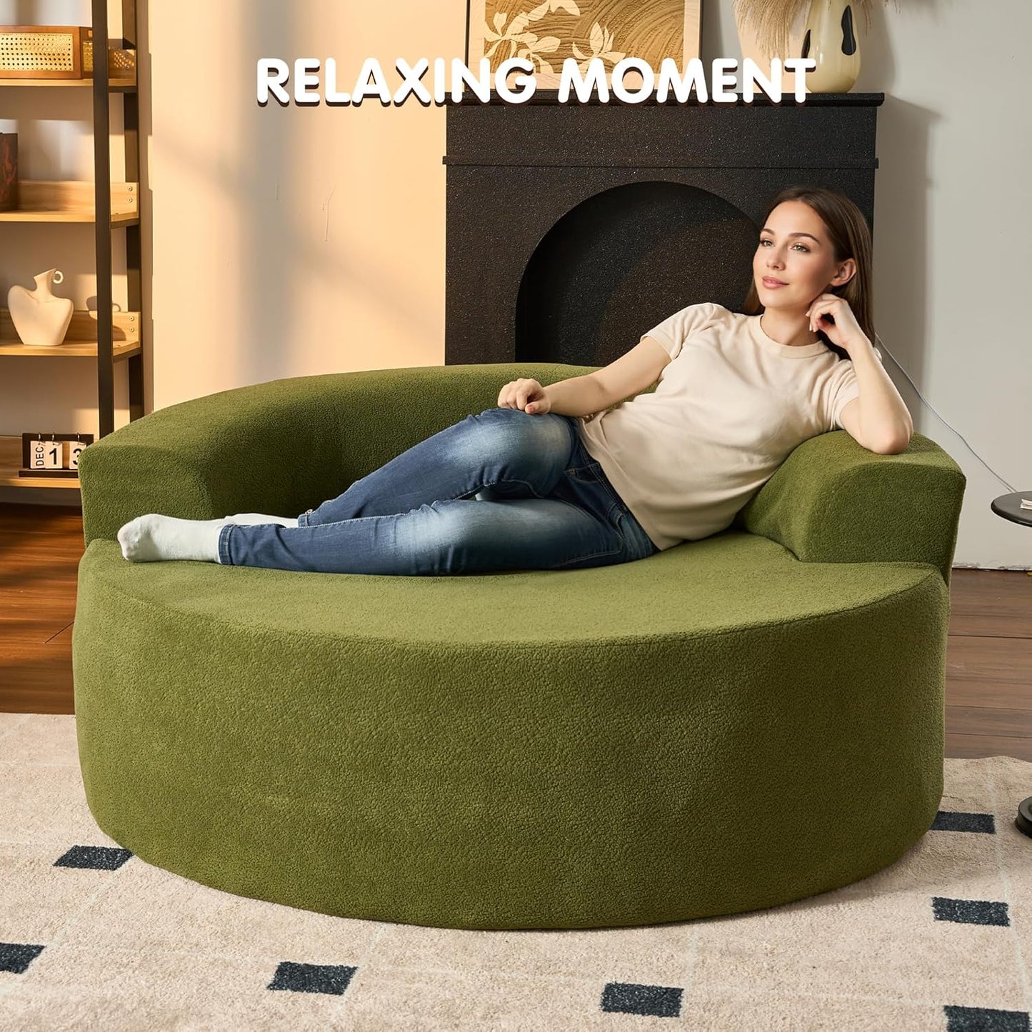 ovios 58" Oversized Round Chair Lounge Chaise Indoor, No Assembly Required, Cloud Large Circle Chair with Plush Fuax Fur, Fluffy Modern Sleeper Sofa Bed for Reading Yoga, Green (Cloud Velvet)