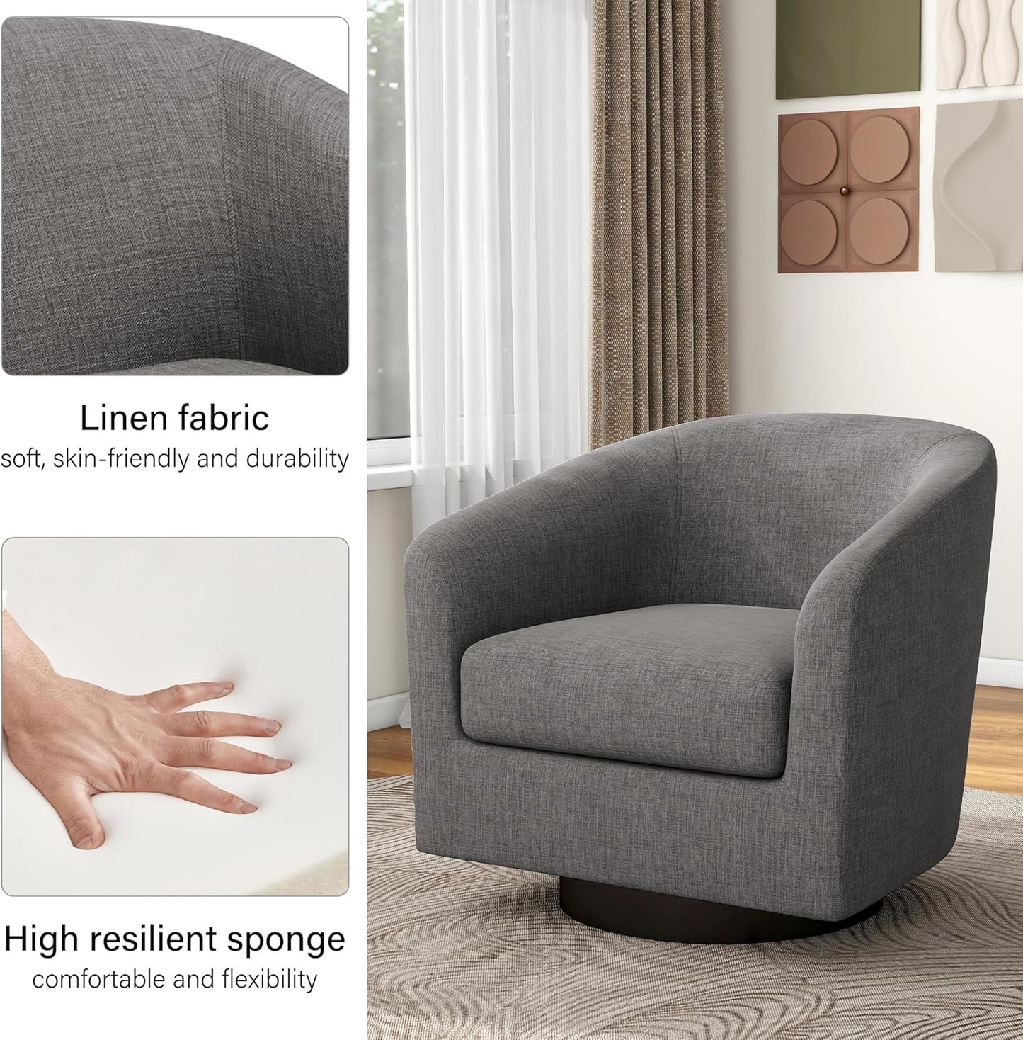 Swivel Barrel Accent Chair, Modern Round Linen Arm Chair for Living Room, Bedroom, Comfy Club Reading Chairs for Adults（Linen Fabric, Grey, Set of 2
