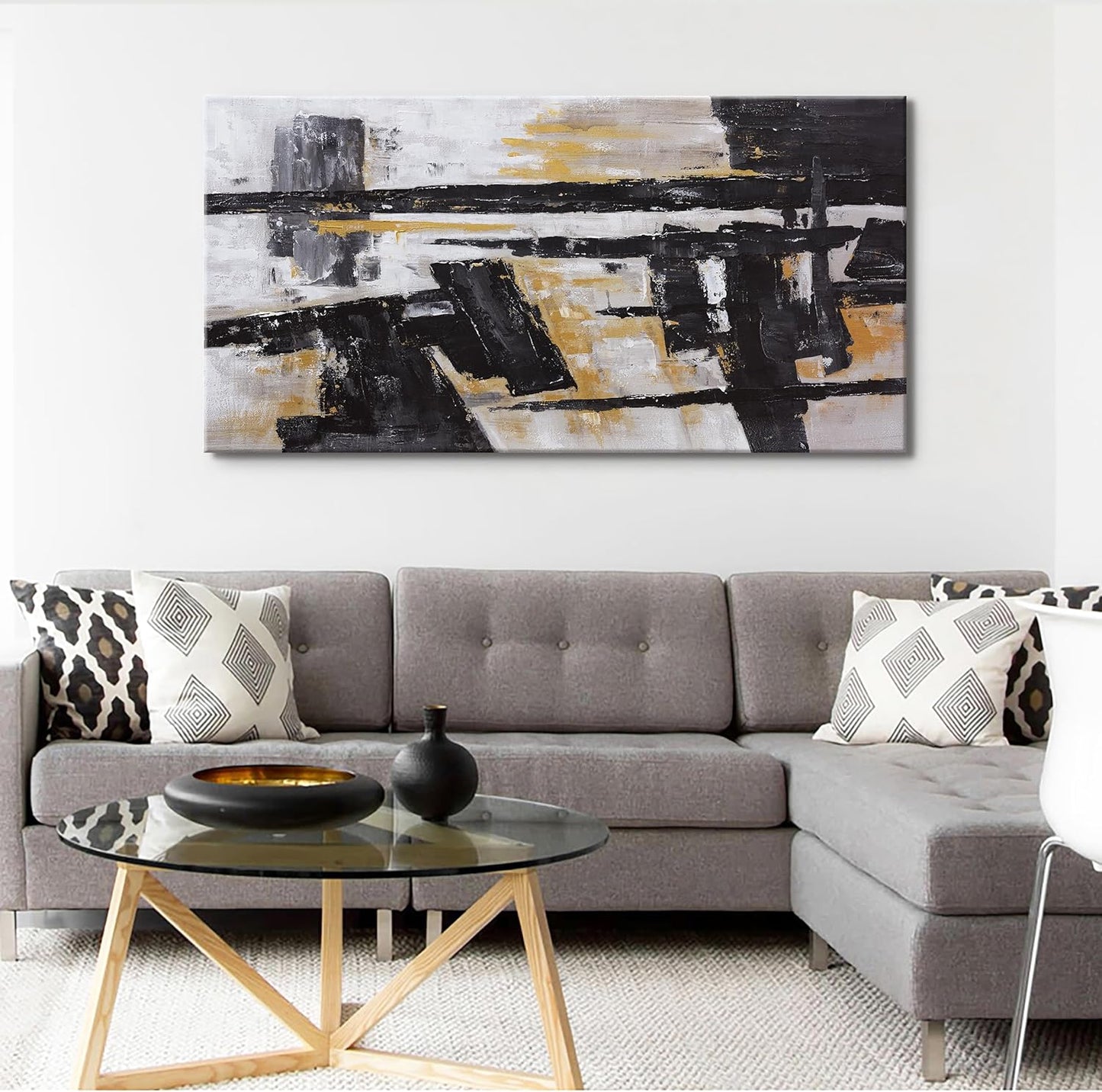 Black Abstract Wall Art Decor Grunge Room Decor Art Black Canvas Wall Decoration 24" x 48" Painting Black And Gold Artwork for Bedroom Home Office Dining Room Decoration