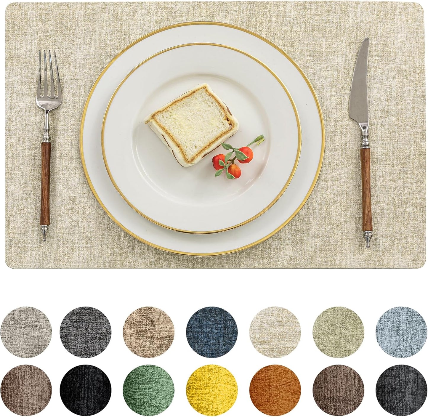 Romanstile Vinyl Placemats Set of 12-12 X 18 Inch - Heat Resistant Place Mats 100% Waterproof Oilproof Wipeable Reversible Faux Leather Table Mats for Kitchen/Dining/Party/Outdoor, Beige