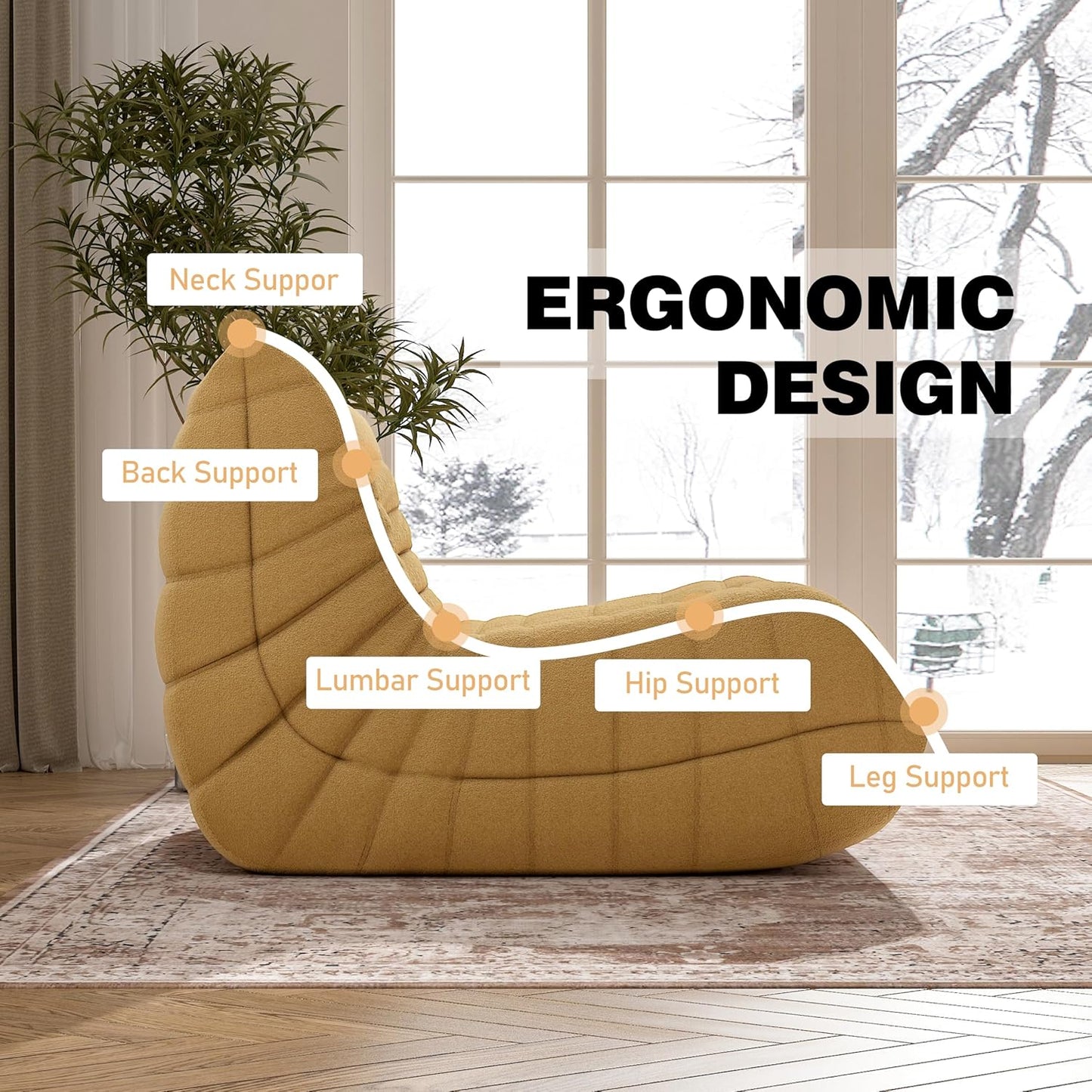 Bean Bag Chair, Memory Foam Bean Bag Sofa Large Bean Bag Chair for Adults, Bean Bag Chairs for Teens with High Density Comfortable Foam, Bean Bag for Living Room, Bedroom (Yellow)