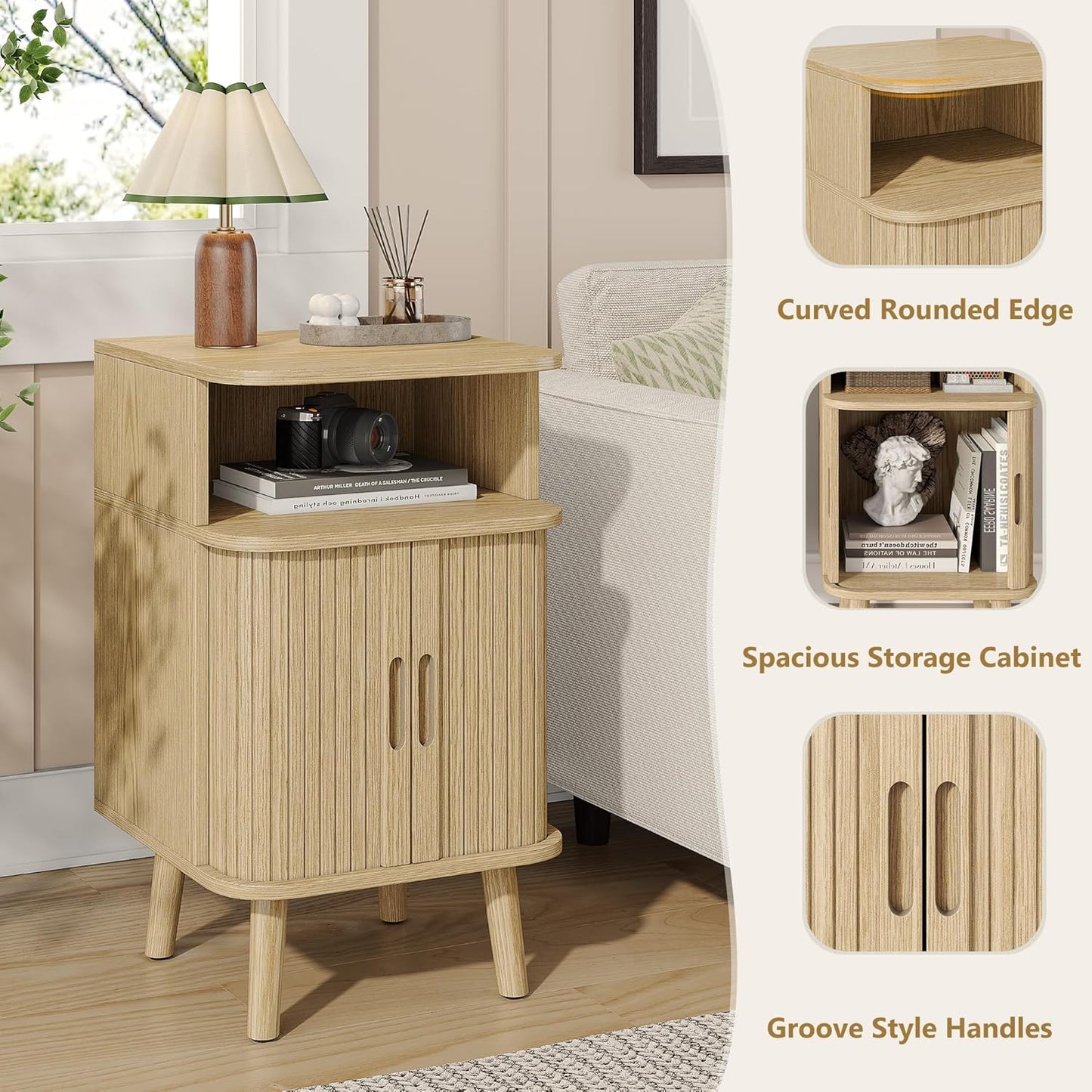 Alohappy Fluted End Table Set of 2, Mid Century Modern Nightstands with Sliding Tambour Door, Curved Round Edge Wood Bedside Table for Bedroom, Side Tables with Storage for Living Room, Natural Oak