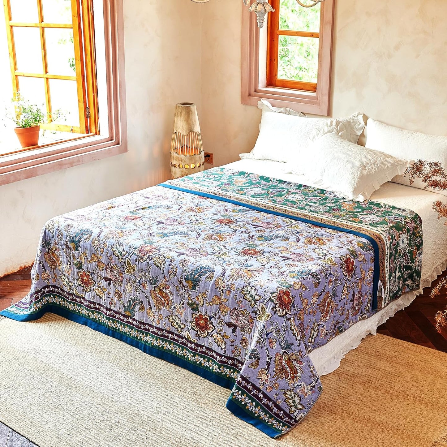 Boho Throw Blanket 80" x 90", 100% Organic Cotton Breathable Ultra Soft Bed Purple Quilt Throw - All Season Luxury Floral Farmhouse Decor Blanket for Sofa Couch Chair and Gift.