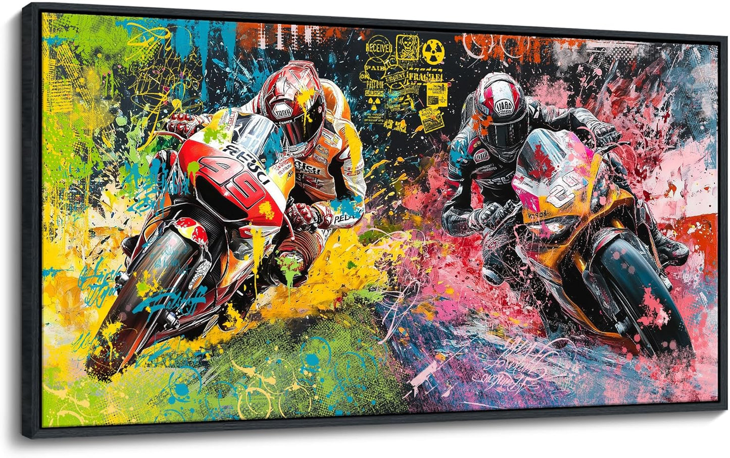 JEAWA Framed Canvas Wall Art - 24x48 In Large Abstract Painting Decor, Motorcycle Racing Color Graffiti Pictures, Modern Art Prints for Bedroom Living Room Bathroom Home Decoration