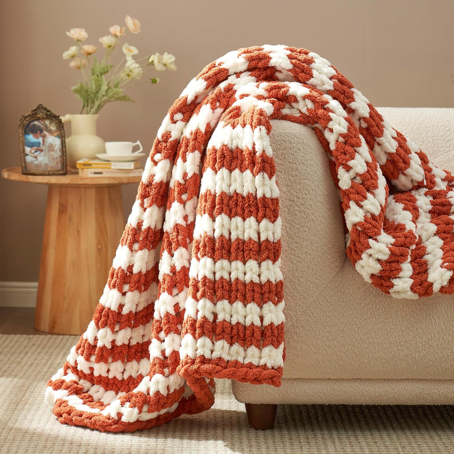Amélie Home Chunky Knit Throw Blanket for Couch, Soft Chenille Crochet Blanket for Sofa, 50"x60", Burnt Orange & White Striped