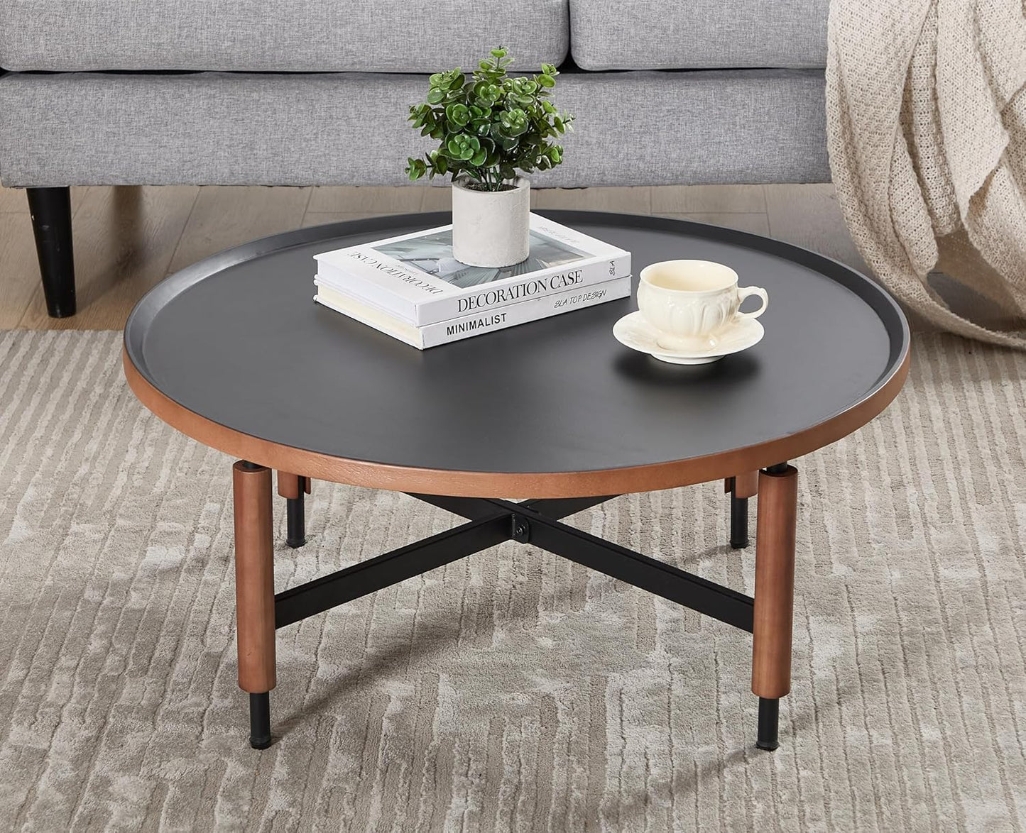 EALSON 31.25" Round Coffee Table Mid Century Modern Coffee Tables with Black Metal Legs/Wooden Top Circle Accent Center Table for Living Room Reception Apartment Office,Walnut