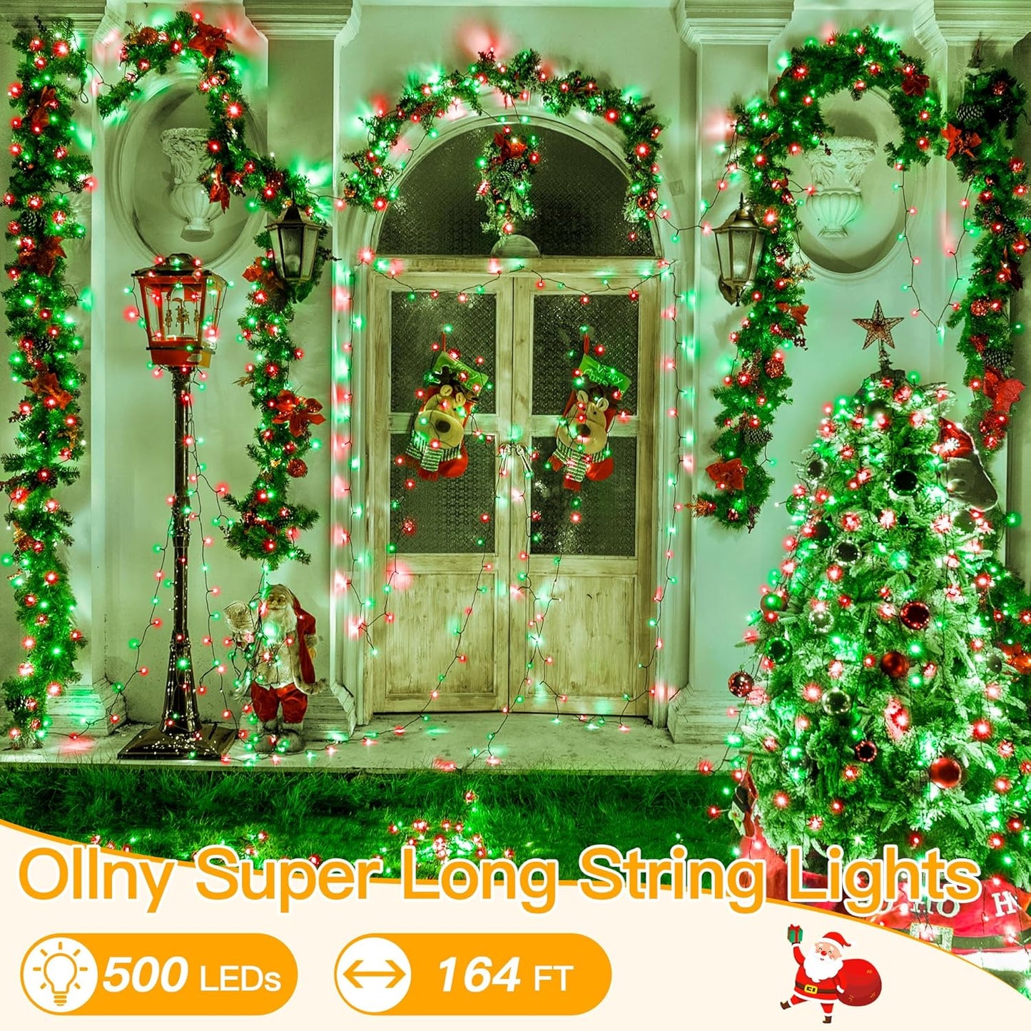 Ollny Christmas Lights, 500LED 164FT Long Christmas Tree Lights with 8 Modes Remote Timer IP44 Waterproof, Outdoor Christmas Lights for Tree House Yard Outside Xmas Decorations (Red+Green)