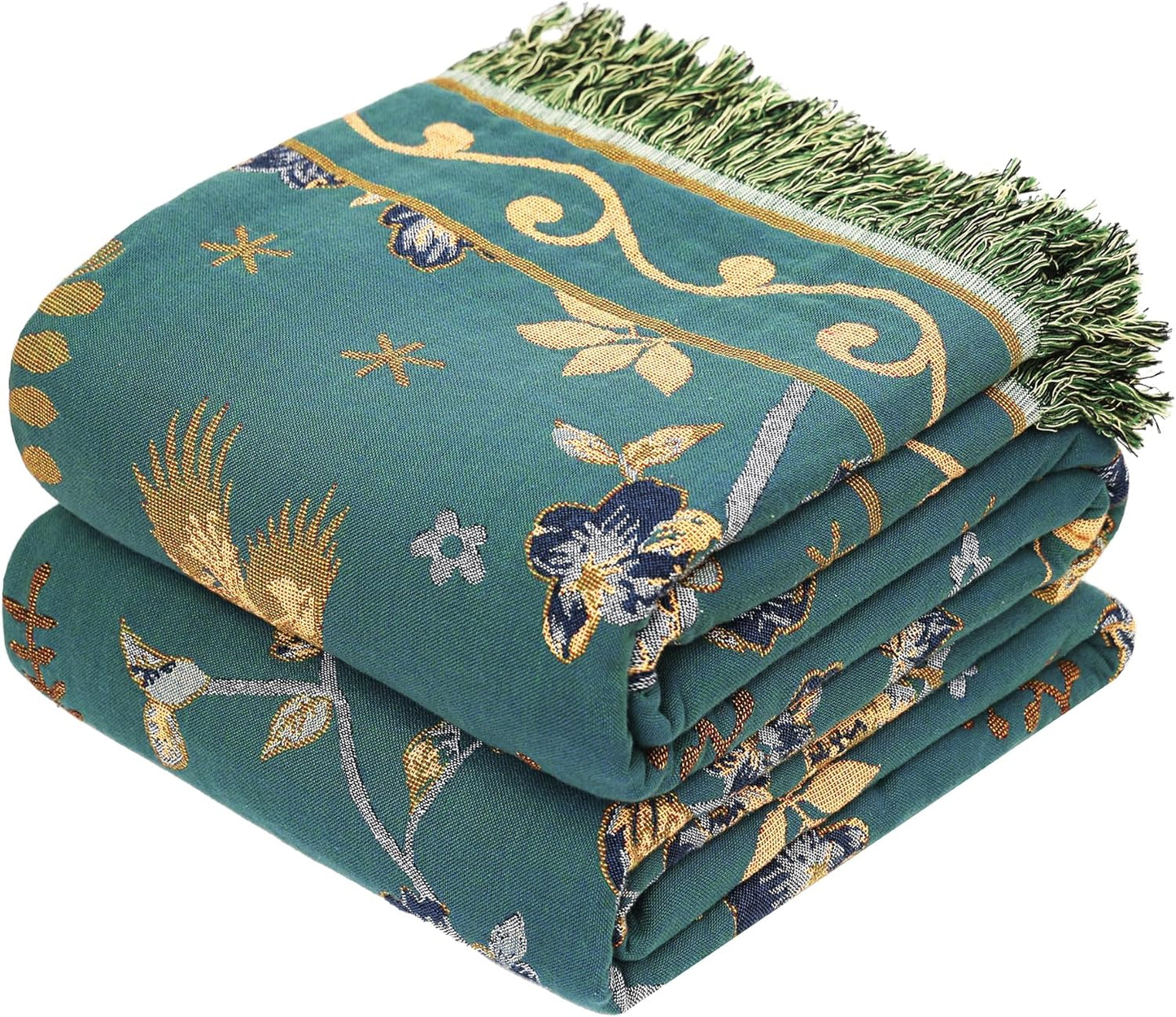 Boho 100% Organic Cotton Large Throw Blanket 50" x 60" - All Season Rustic Ultra Soft Breathable Floral Bird Blanket for Bed Sofa Couch Chair Bedspread Quilt Gift-Teal,Beige
