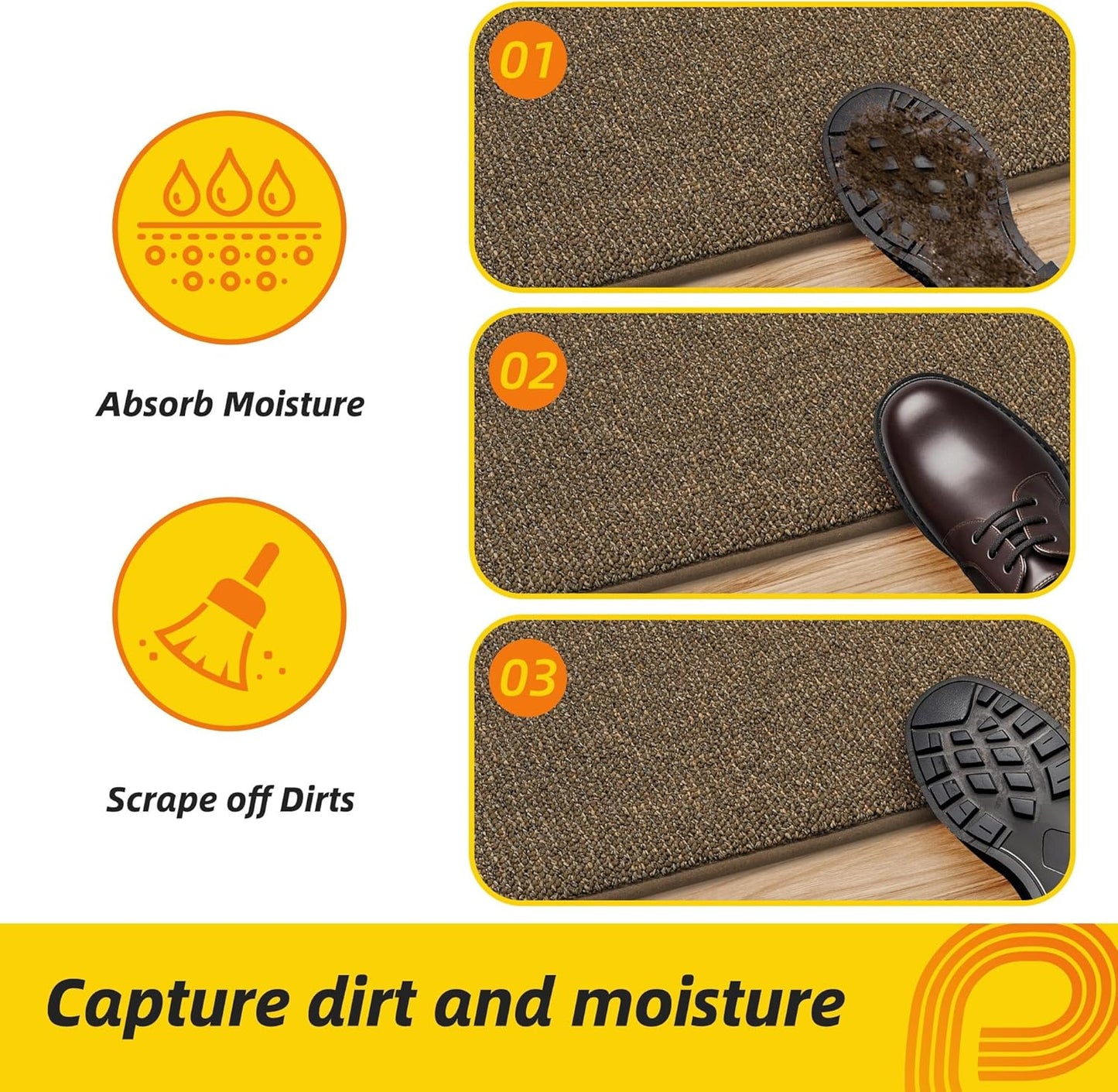 JSEI Dirt Trapper Door Mat 24"x60" Non-Slip Washable Entrance Mat, Dog Doormats, Absorbent & Fade-Resistant Floor Mats, Low Profile Welcome Mats for Entryway, Front Door, and Inside Entrance, Brown