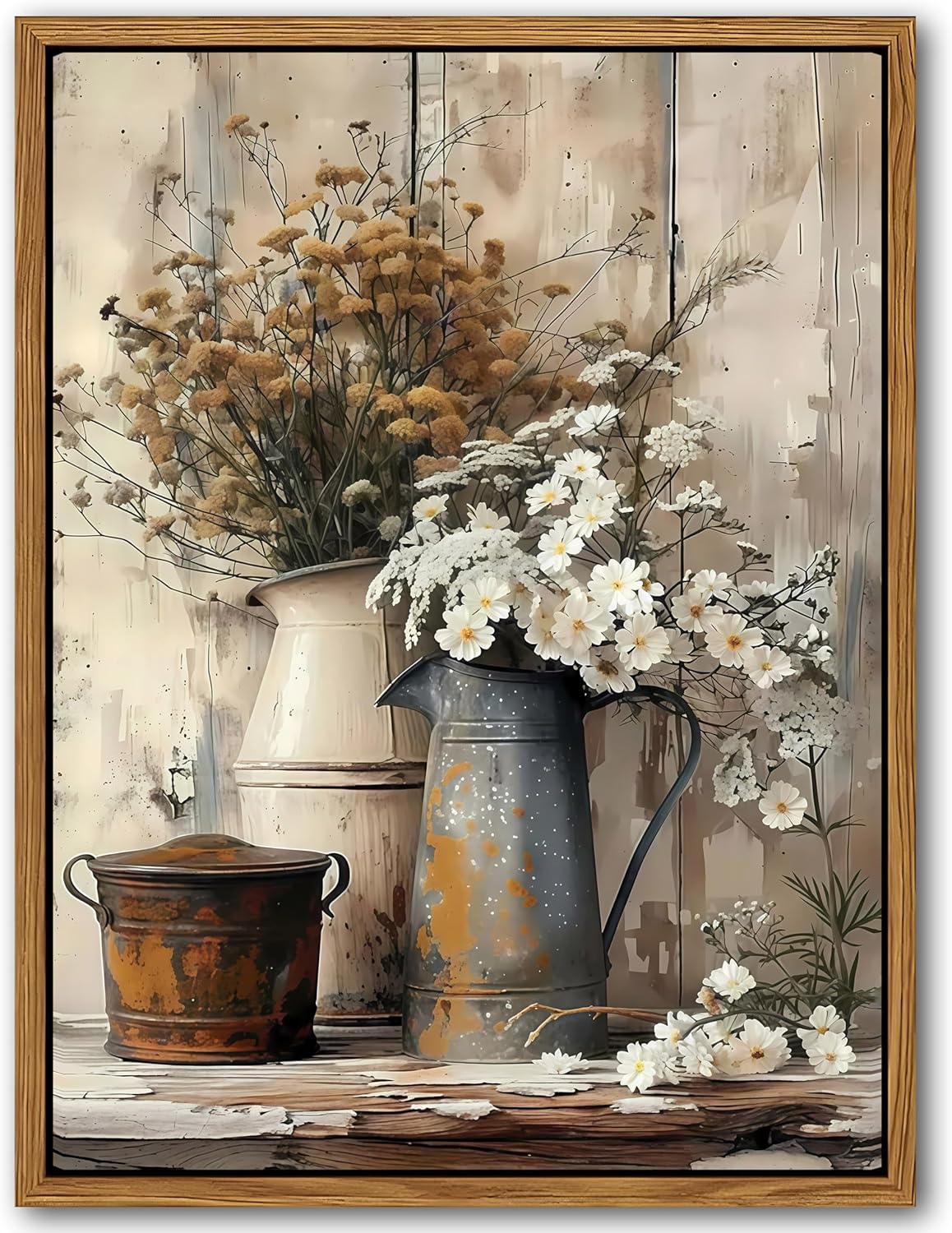 Floating Framed Farmhouse Vintage Canvas Wall Art, Country Floral Daisy Pictures Wall Decor, Wood Grain Art Paintings Poster for Living Room Bedroom Bathroom Rustic Decor 8x10 inch