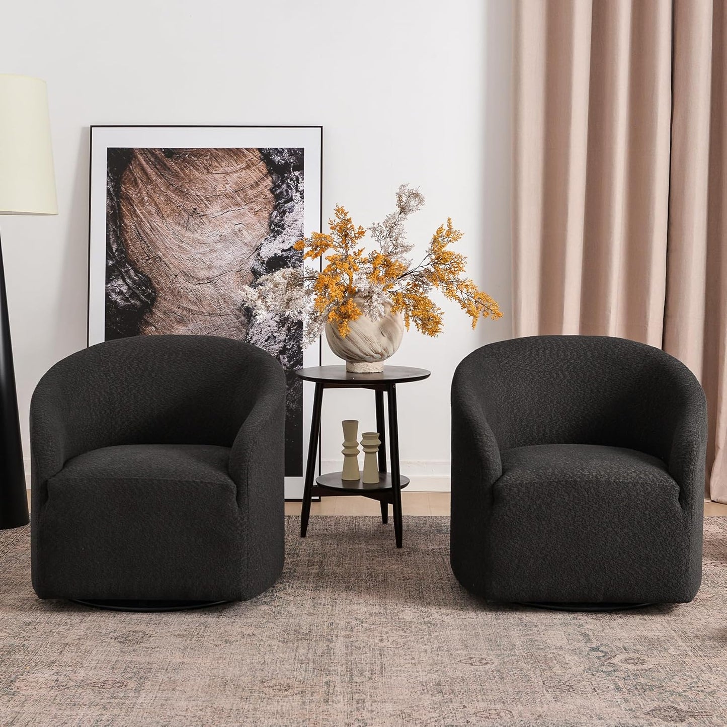 KINWELL 32" Wide Modern Boucle Swivel Barrel Chairs Set of 2, No Assembly Round Upholstered Swivel Accent Armchairs for Living Room, Bedroom (Black)