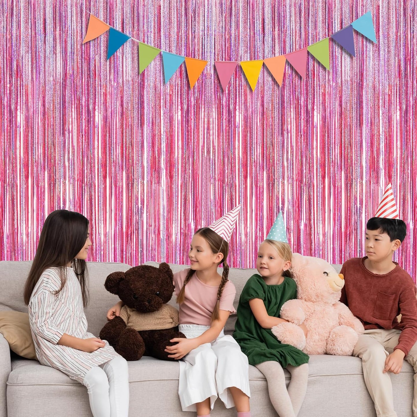 12 Pack Pink Backdrop, 3.28 FT x 7.05 FT Foil Streamers, Metallic Glitter Backdrop Pink Tinsel Fringe Curtains Party Streamers, Pink Birthday Party Decorations Photo Booth Props