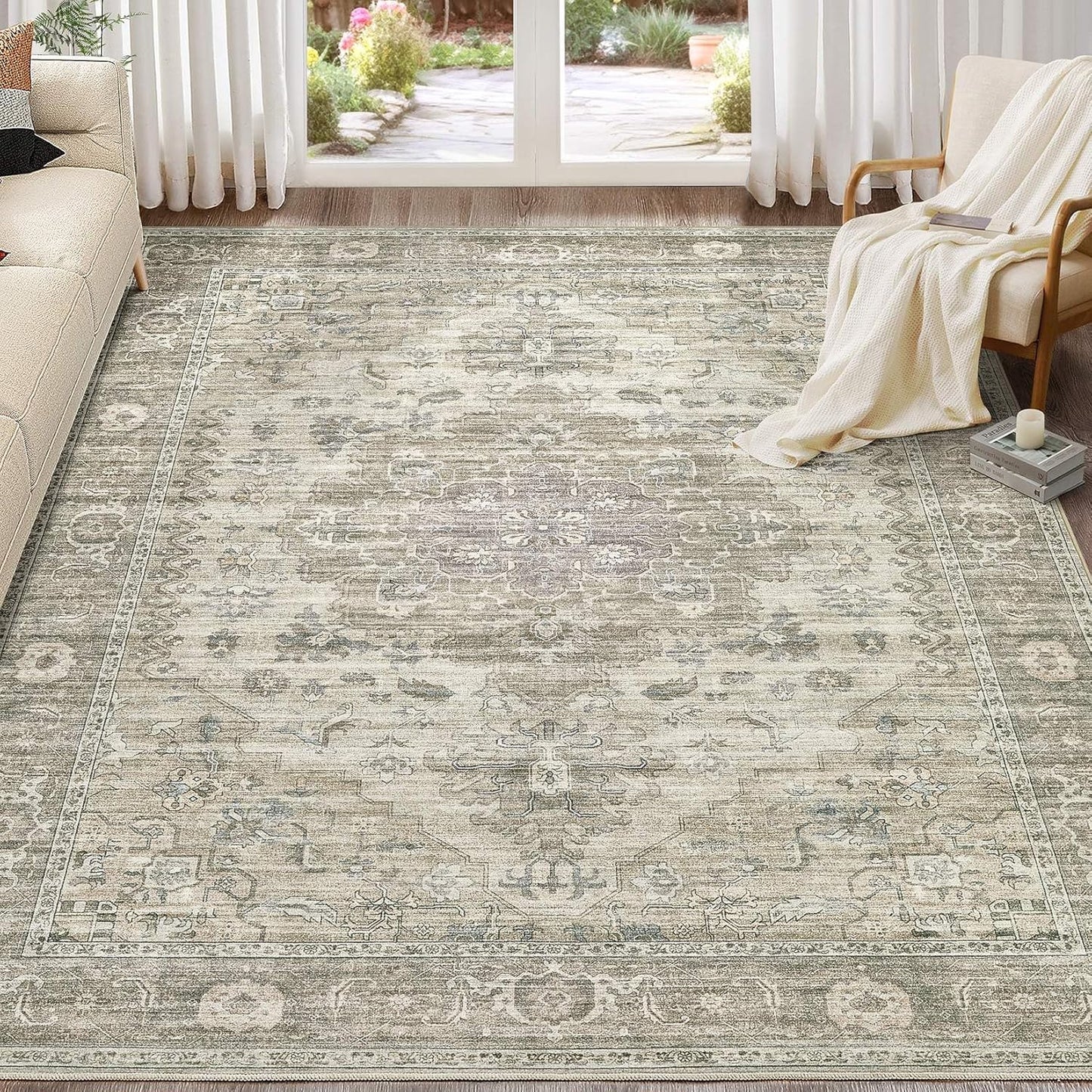 Washable Area Rugs for Living Room -10x12 Neutral Vintage Distressed Floral Farmhouse Boho Large Soft Floor Rug Indoor Non Slip Carpet for Living Room Bedroom Dining Room Office -Brown/Tan