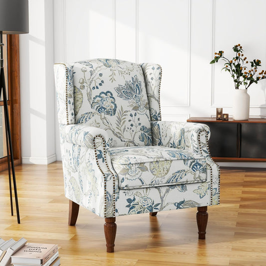 UIXE High Back Floral Accent Chair, Upholstered Armchair in Fabric, Retro Printed Wingback Arm Chair for Living Room, Nailhead Trim Single Sofa Bedroom Reading Seat - Plants Blue