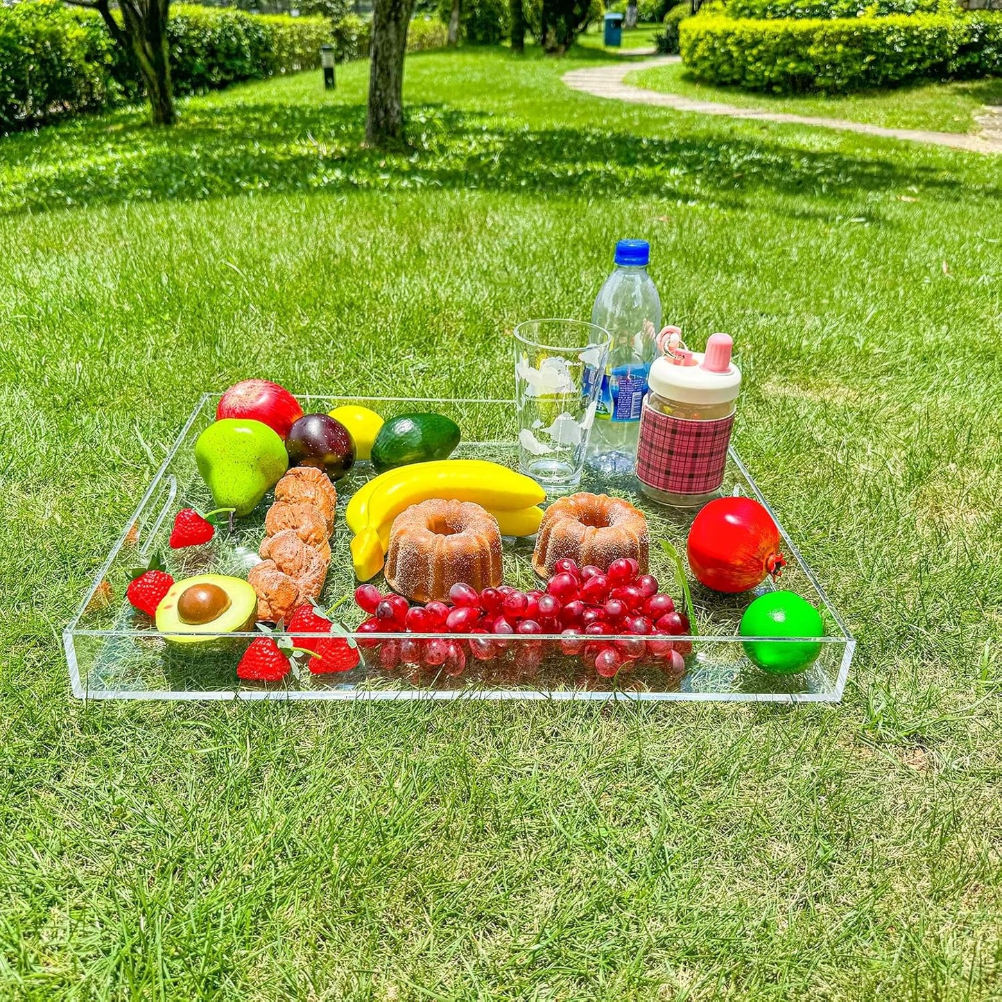 Clear Rectangular 14x20 Inches Acrylic Ottoman Tray Decorative Serving Tray with Cutout Handles Organizer Tray on Coffee Table Countertop Big Breakfast Bed Tray Living Room Appetizer Serving Food