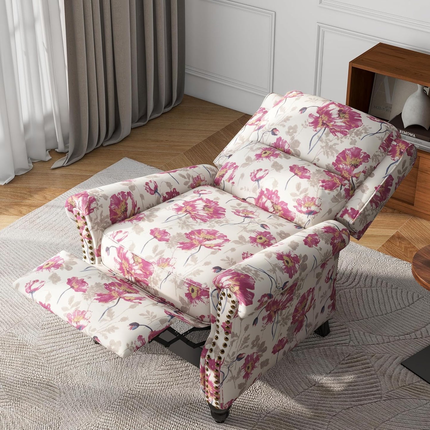 UIXE Pushback Recliner Chair, Fabric Armchair Push Back Accent Chair, Rivet Trim Club Chair Home Theater Overstuffed Single Sofa Reading Seat for Living Room, Pattern
